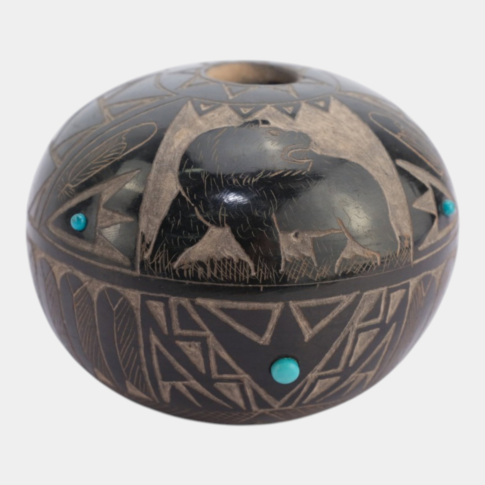Norman Red Star Sioux Native American Art Pottery Carved Bear Panel Ceramic Pot With Turquoise: Professional, fast, and affordable in house shipping available for all items. For higher resolution images please visit bid.craftedauctions.com Norman Red Star Sioux Native American Art Pottery Carved