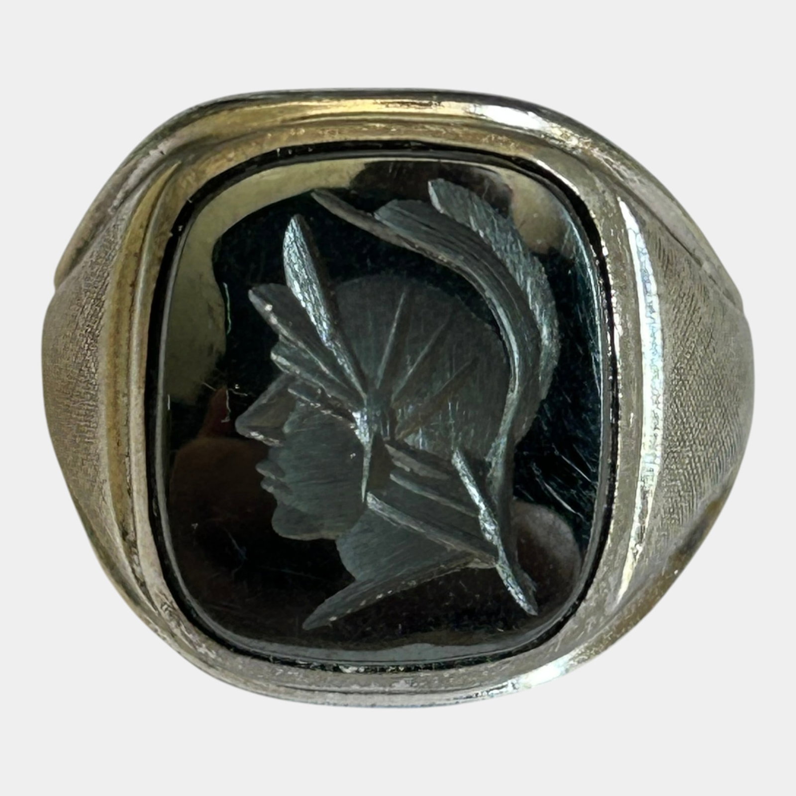 Clark & Coombs 1950s Sterling Silver & Black Hematite Art Deco Intaglio Soldier Side Portrait Ring: Professional, fast, and affordable in house shipping available for all items. For higher resolution images please visit bid.craftedauctions.com Boldly sculptural and masculine, this Mid Century Modern
