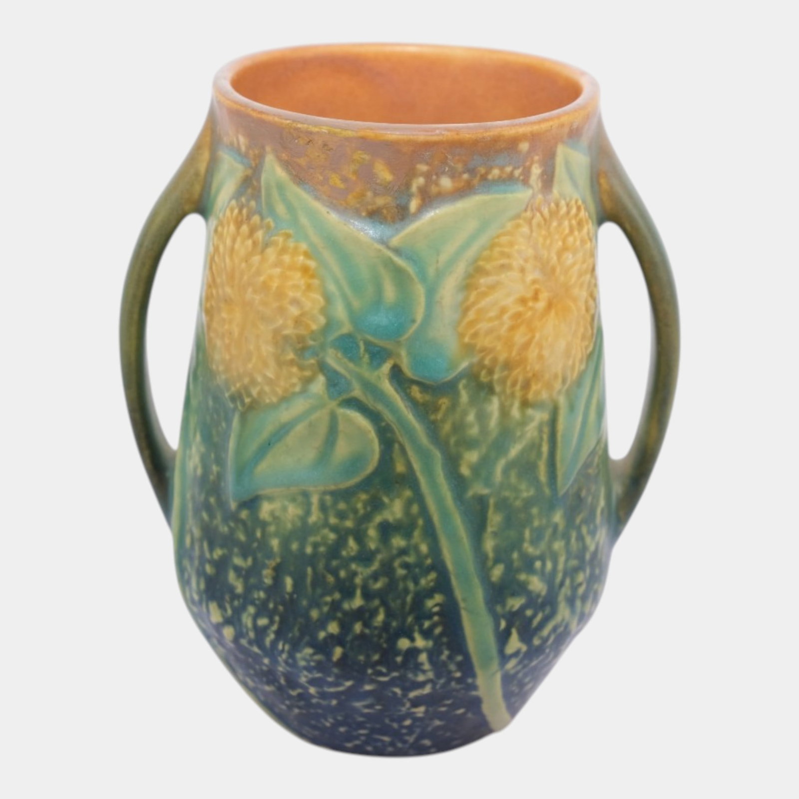 Roseville Sunflower 1930 Vintage Arts And Crafts Pottery Handled Flower Vase: Professional, fast, and affordable in house shipping available for all items. For higher resolution images please visit bid.craftedauctions.com Roseville Sunflower 1930 Vintage Arts And Crafts Pottery