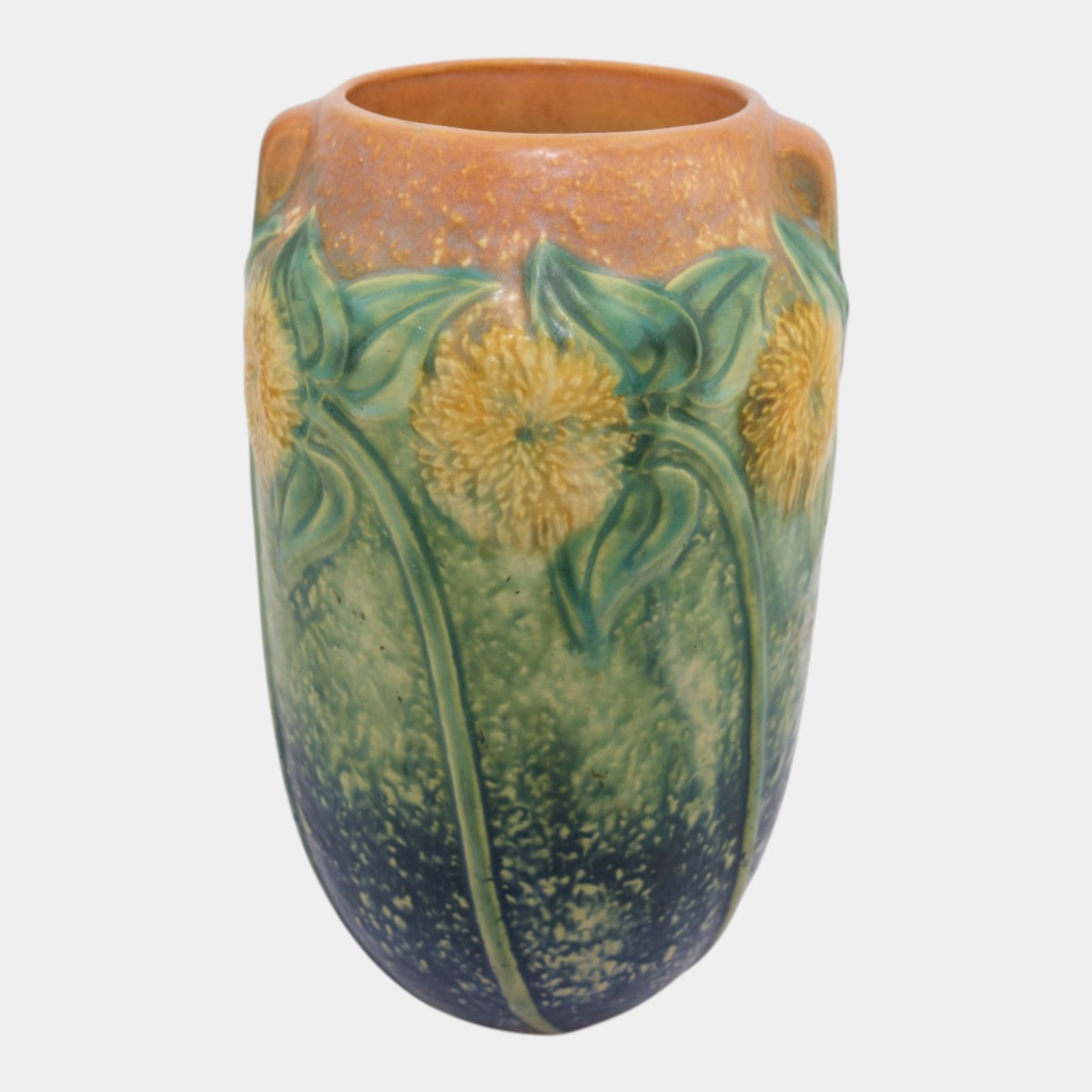Roseville Sunflower 1930 Vintage Arts And Crafts Pottery Ceramic Vase 494-10: Professional, fast, and affordable in house shipping available for all items. For higher resolution images please visit bid.craftedauctions.com Roseville Sunflower 1930 Vintage Arts And Crafts Pottery