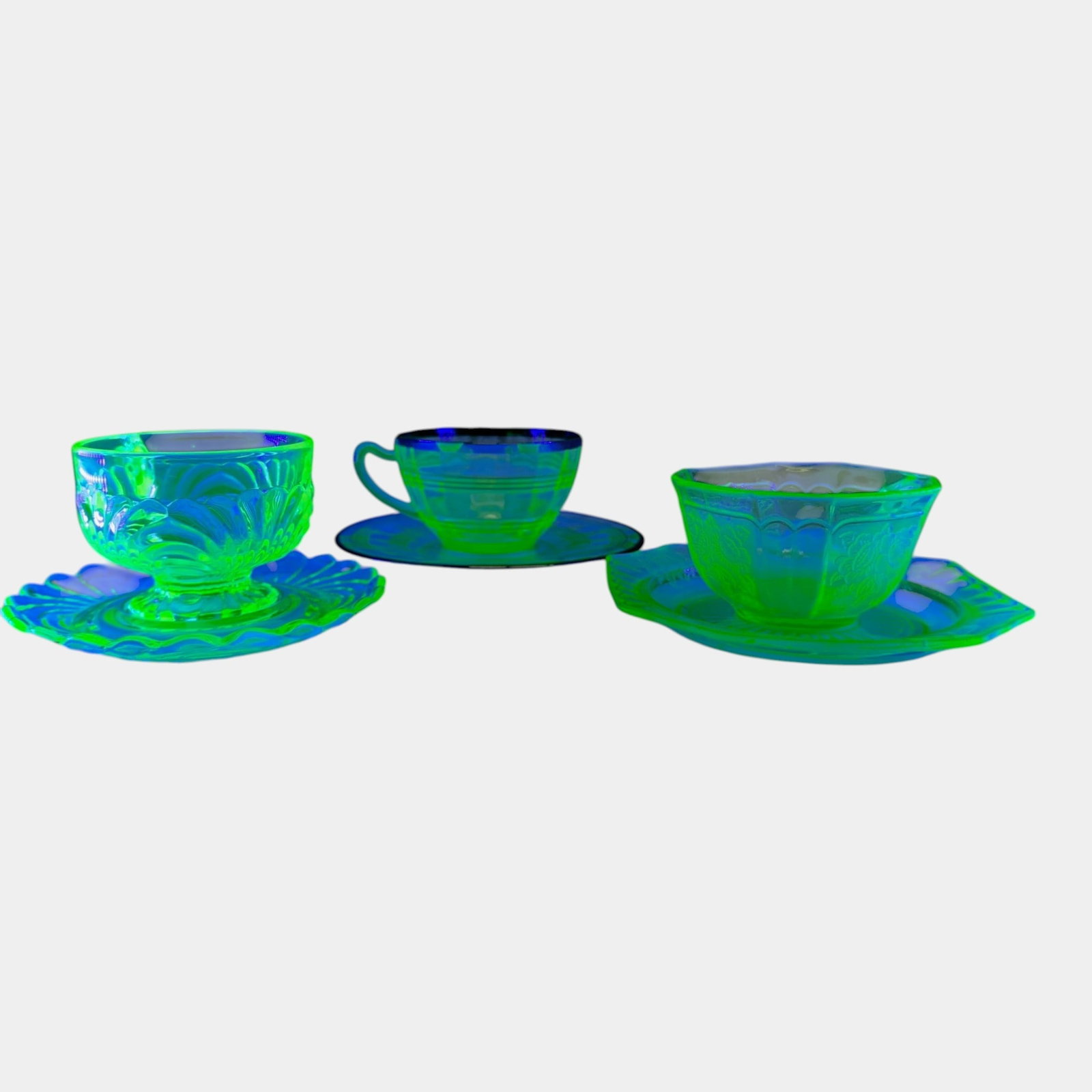 Cambridge "Caprice" Pistachio, Anchor Hocking Block Optic, & Other Green Uranium Glass Cups & (1 of 5)