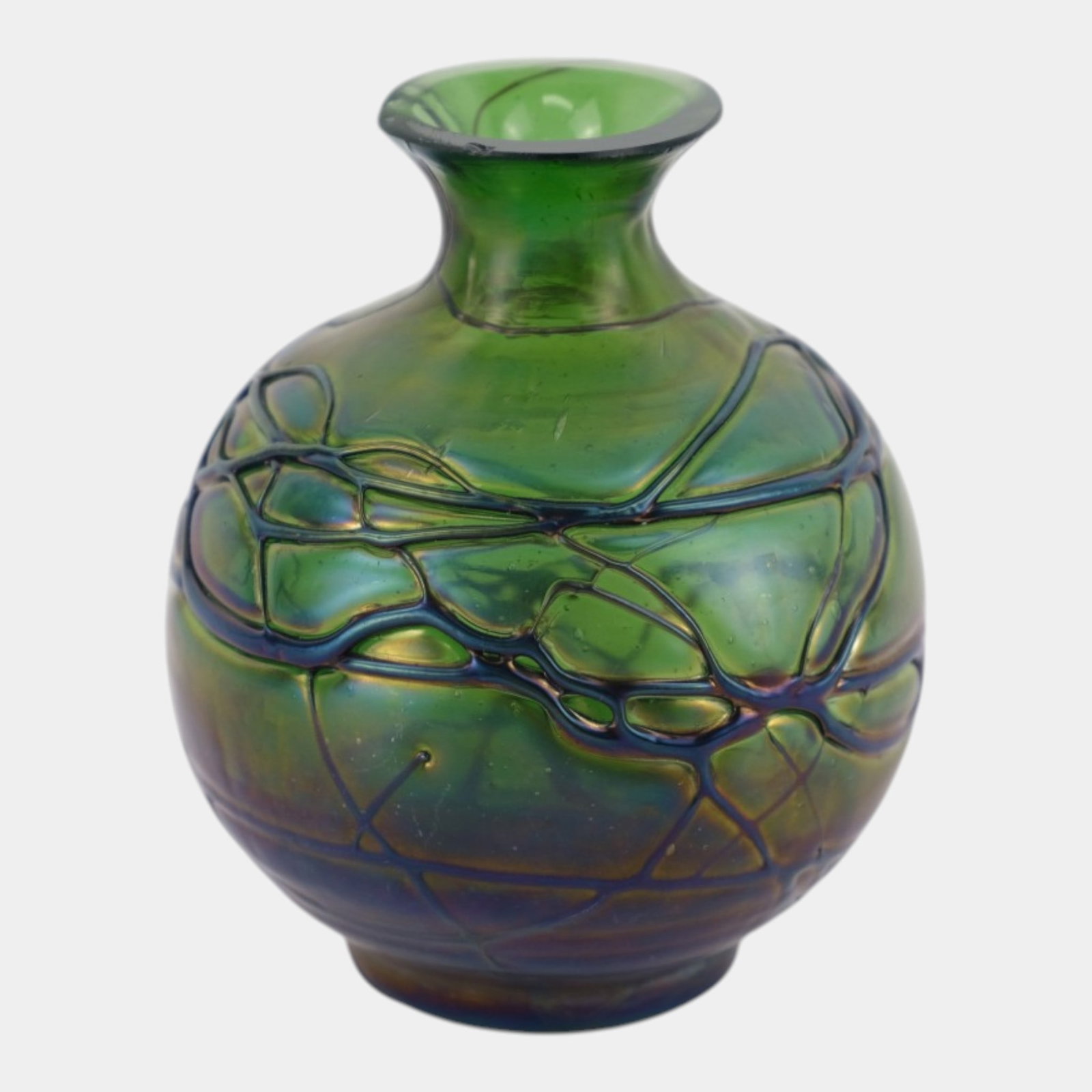 Pallme-Koenig Early 1900s Threaded Art Nouveau Green Iridescent Bulbous Art Glass Vase (1 of 4)