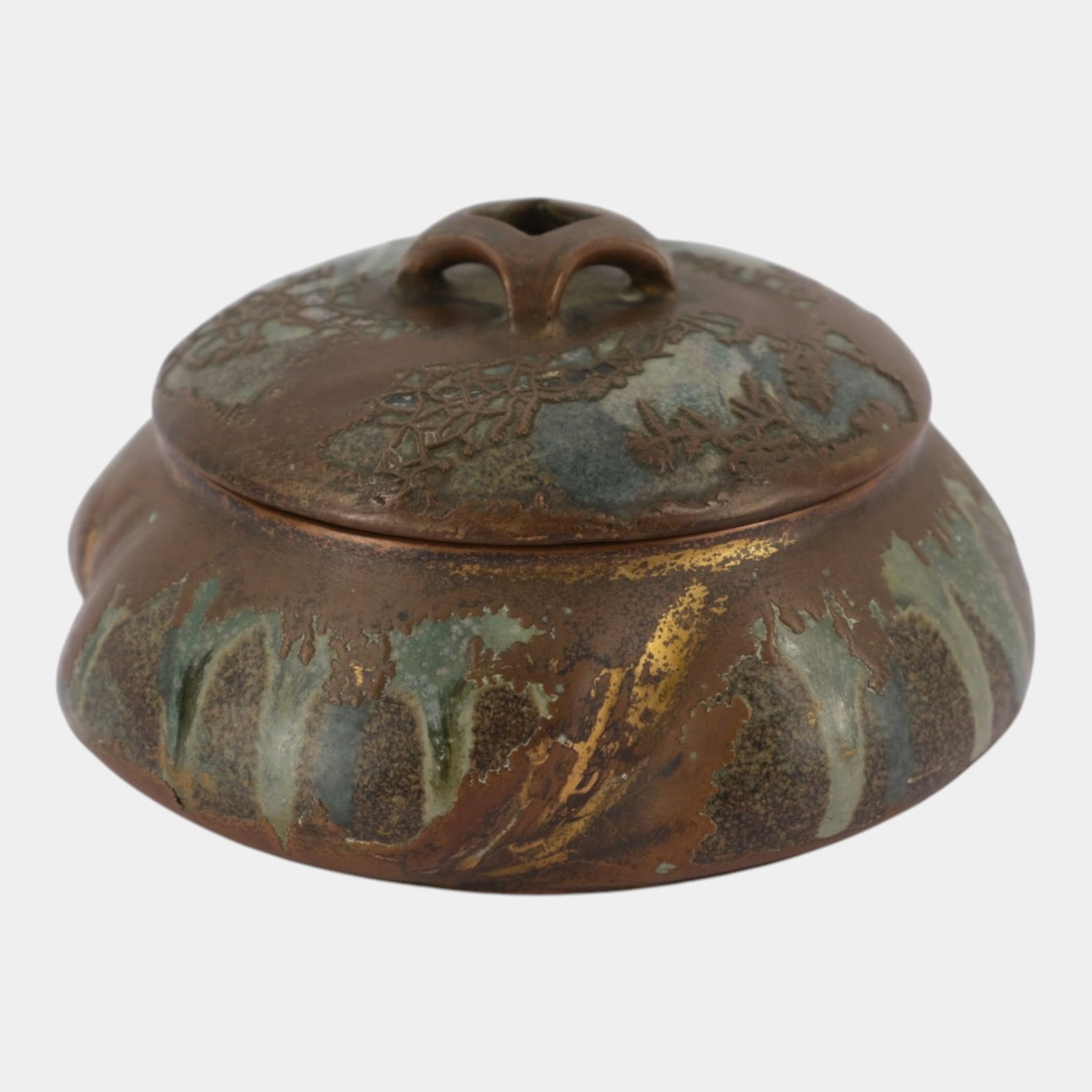 Denbac French Early 1900s Art Nouveau Pottery Brown Drip Glaze Lobed Lidded Jar: Professional, fast, and affordable in house shipping available for all items. For higher resolution images please visit bid.craftedauctions.com Denbac French Early 1900s Art Nouveau Pottery Brown Drip