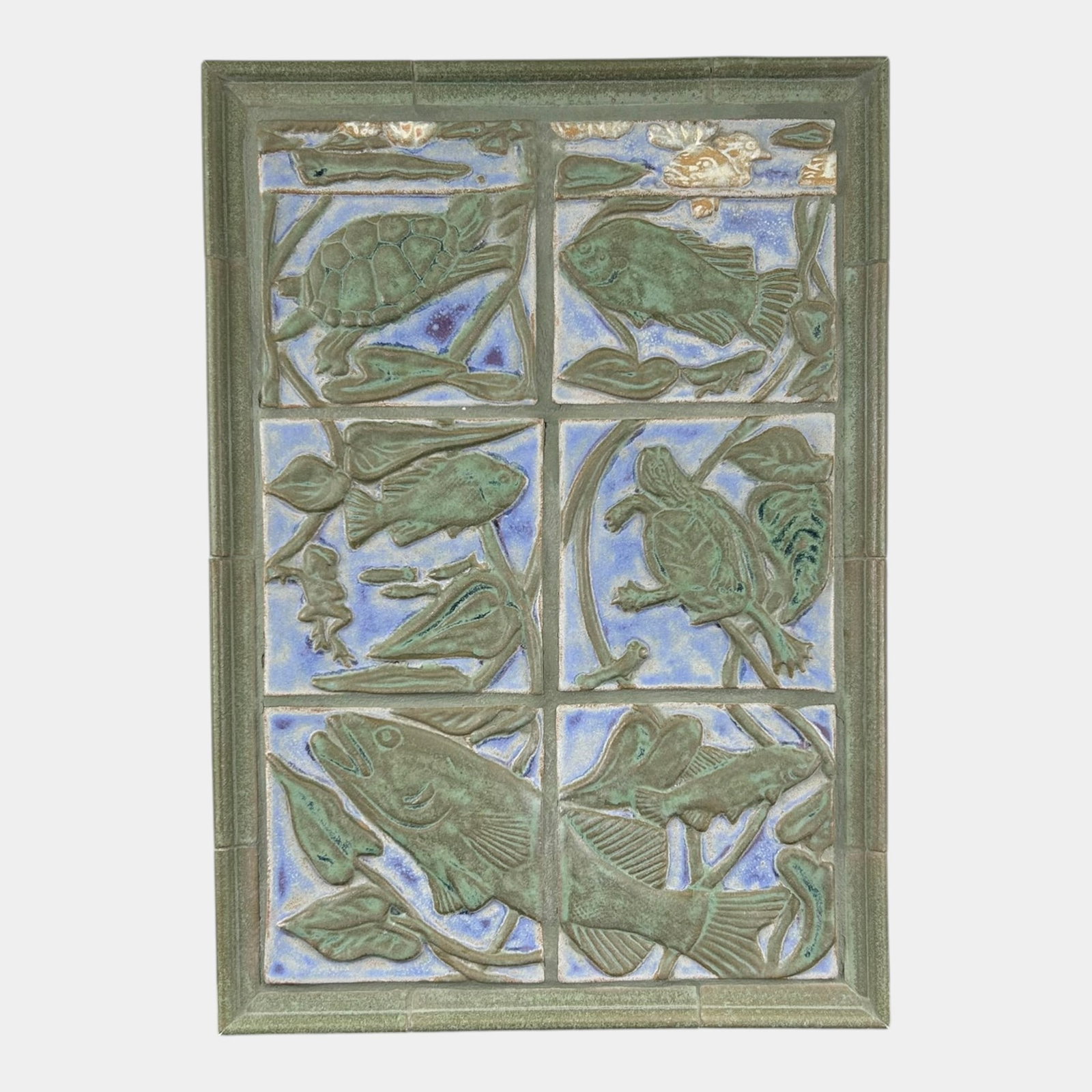 Contemporary Hand Glazed Turtle Frog Fish & Lily Pad Relief Ceramic Art Pottery Tile Wall Plaque (1 of 2)