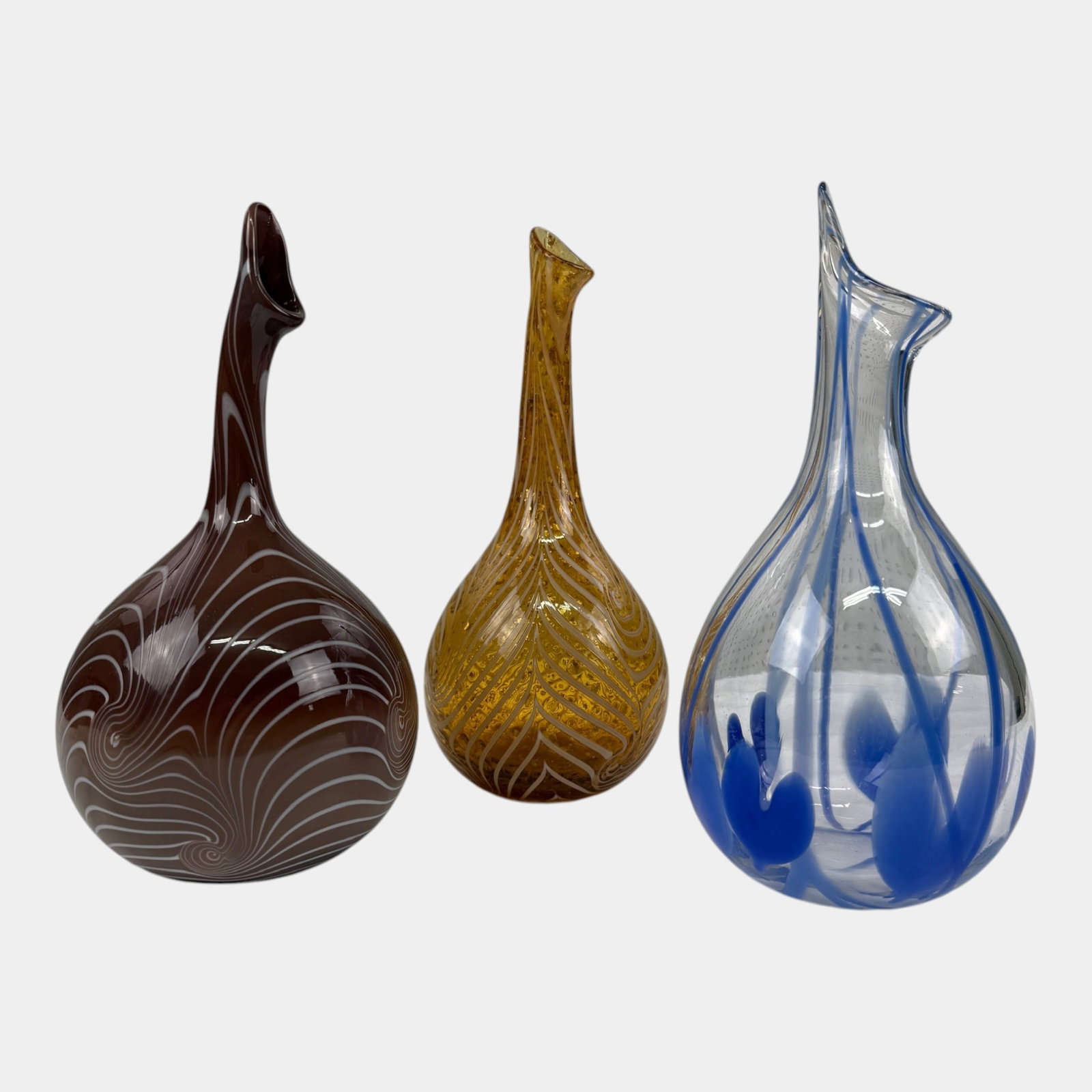 Terry Crider 1980s Ohio Studio Art Glass Red, Amber, & Blue Swirled Ribbon Slender Neck Vases (1 of 9)