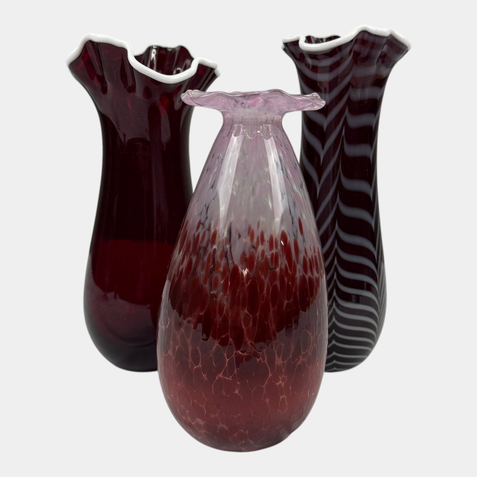 Terry Crider 1980s Ohio Studio Art Glass Deep Red & Pink Purple Ruffled Rim Vases (1 of 6)