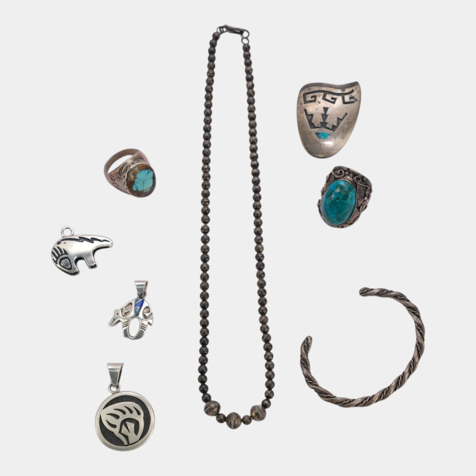 Native American Southwestern Sterling Silver Jewelry Group Turquoise Rings Bear Pendant, Necklace,: Professional, fast, and affordable in house shipping available for all items. For higher resolution images please visit bid.craftedauctions.com Eclectically collected and richly Southwestern inspired,