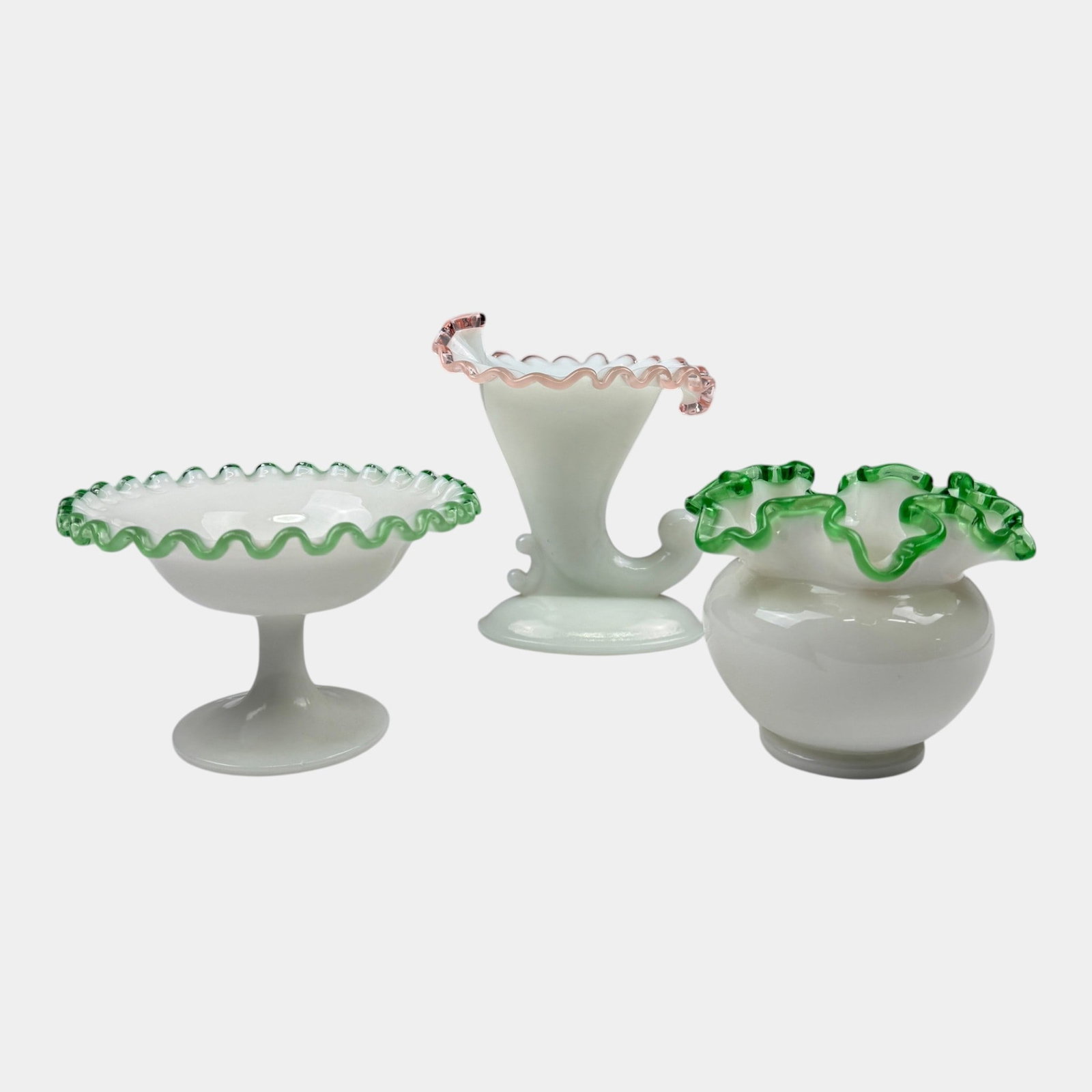 Fenton 1950s Milk Glass Emerald Crest Ruffled Rim Vase And Compote With Rosecrest Cornucopia Vase (1 of 4)