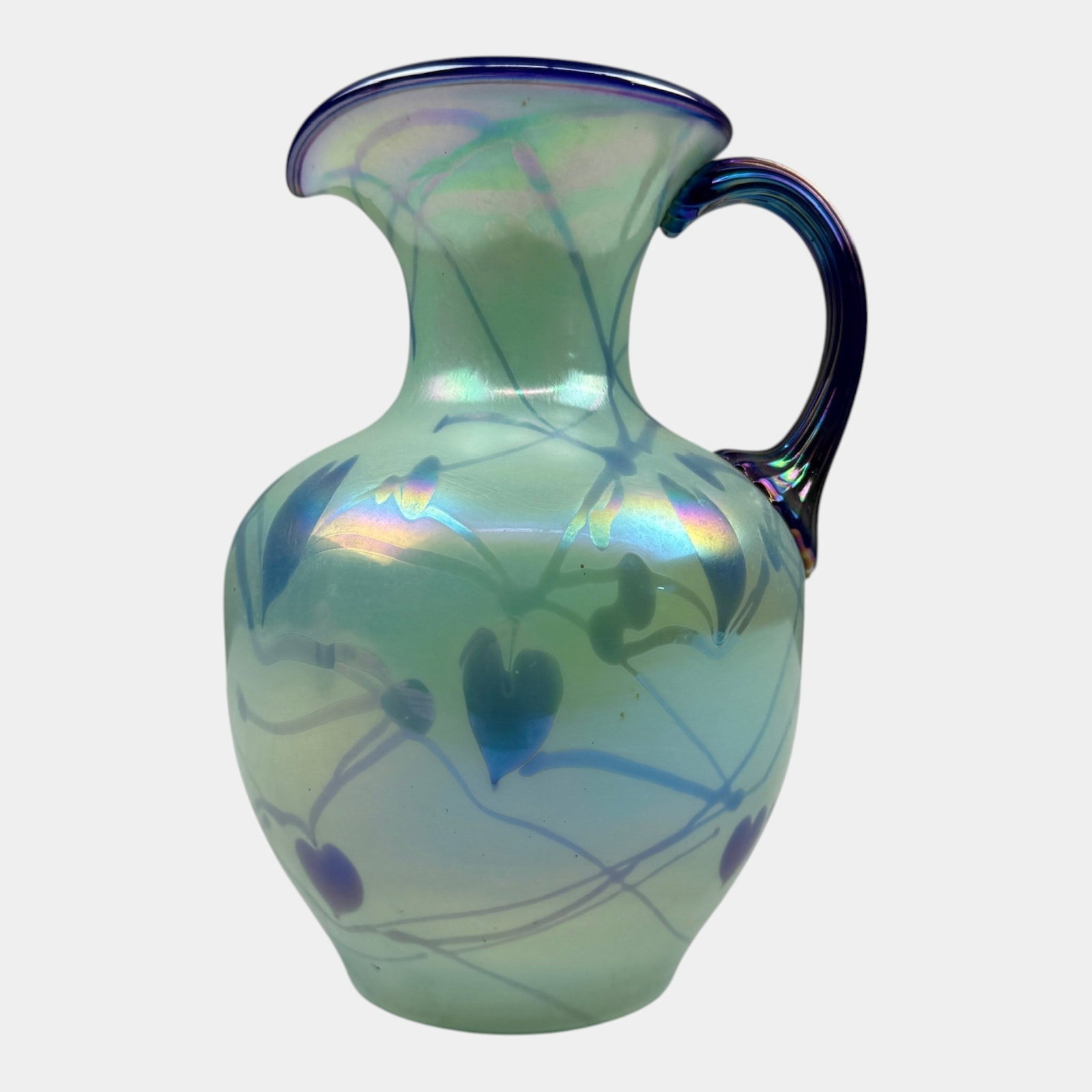 Fenton Art Glass 2003 Connoisseur Collection Willow Green Hanging Hearts Handled Pitcher: Professional, fast, and affordable in house shipping available for all items. For higher resolution images please visit bid.craftedauctions.com Fenton Art Glass 2003 Connoisseur Collection Willow Gree