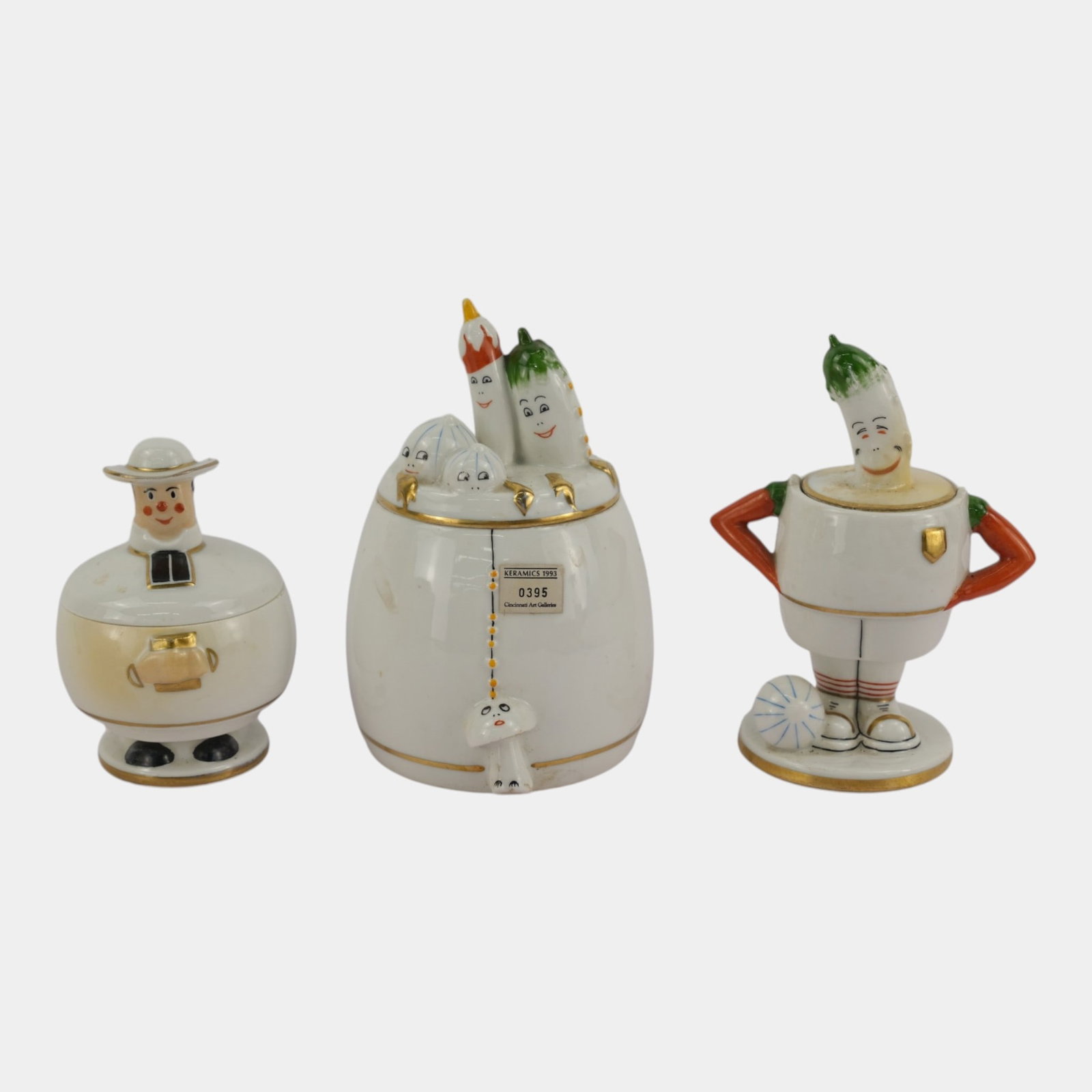 Robj Paris French 1930s Art Deco Hand Painted Figural Pickle Mushroom & Gentleman Lidded Jars: Professional, fast, and affordable in house shipping available for all items. For higher resolution images please visit bid.craftedauctions.com Robj Paris French 1930s Art Deco Hand Painted Figural Pi
