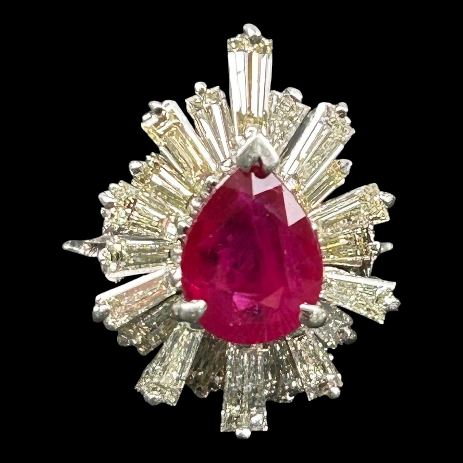 18K White Gold Pear Cut Ruby Diamond Baguette Ballerina Halo Cocktail Ring Estate Fine Jewelry: Professional, fast, and affordable in house shipping available for all items. For higher resolution images please visit bid.craftedauctions.com 18K White Gold Pear Cut Ruby Diamond Baguette Ballerina 