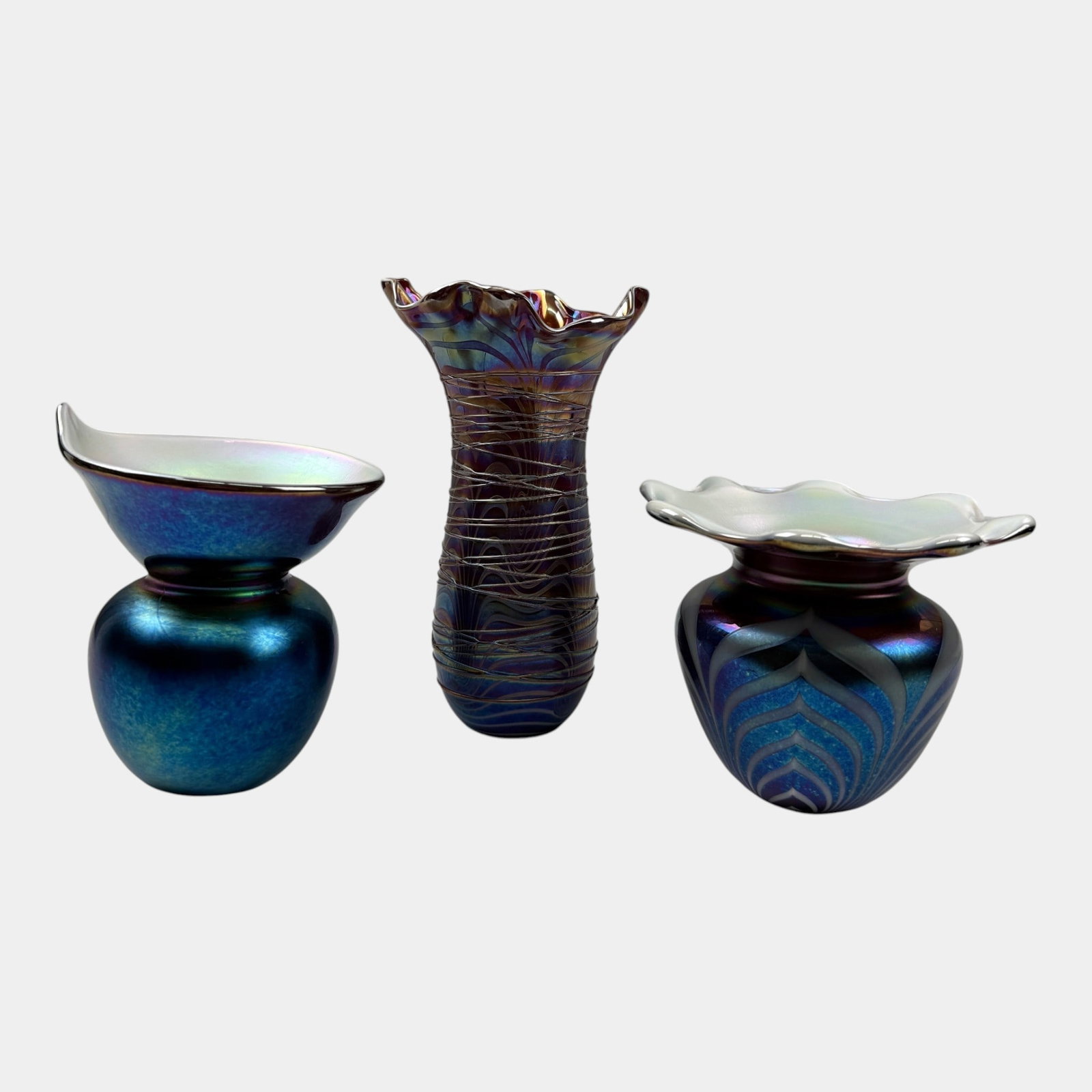 Terry Crider Ohio Studio Art Glass Blue Green Purple Iridescent Threaded And Pulled Feather Vases (1 of 6)