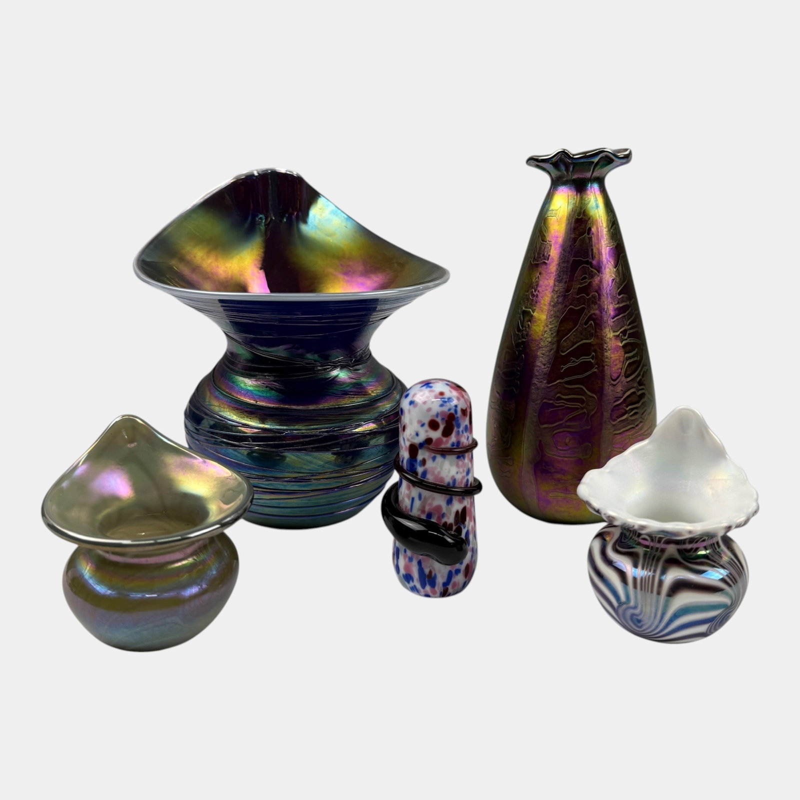 Terry Crider Ohio Studio Art Glass Blue Green Iridescent Spatter Threaded Pulled Feather Vases And (1 of 9)