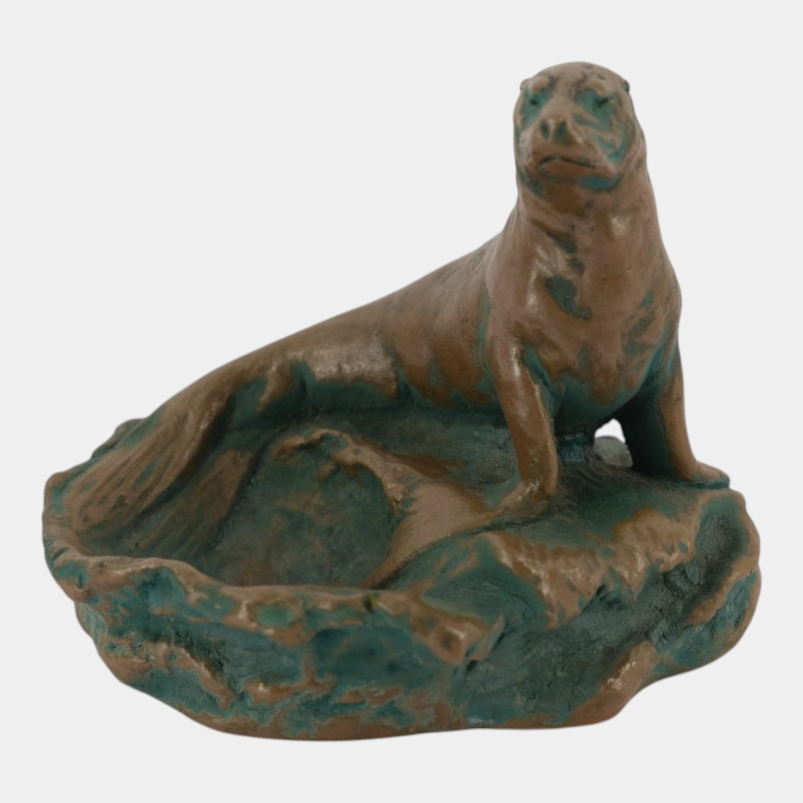 Northwestern Terra Cotta Norweta 1920s Brown Green Figural Resting Seal Pin Tray (1 of 5)