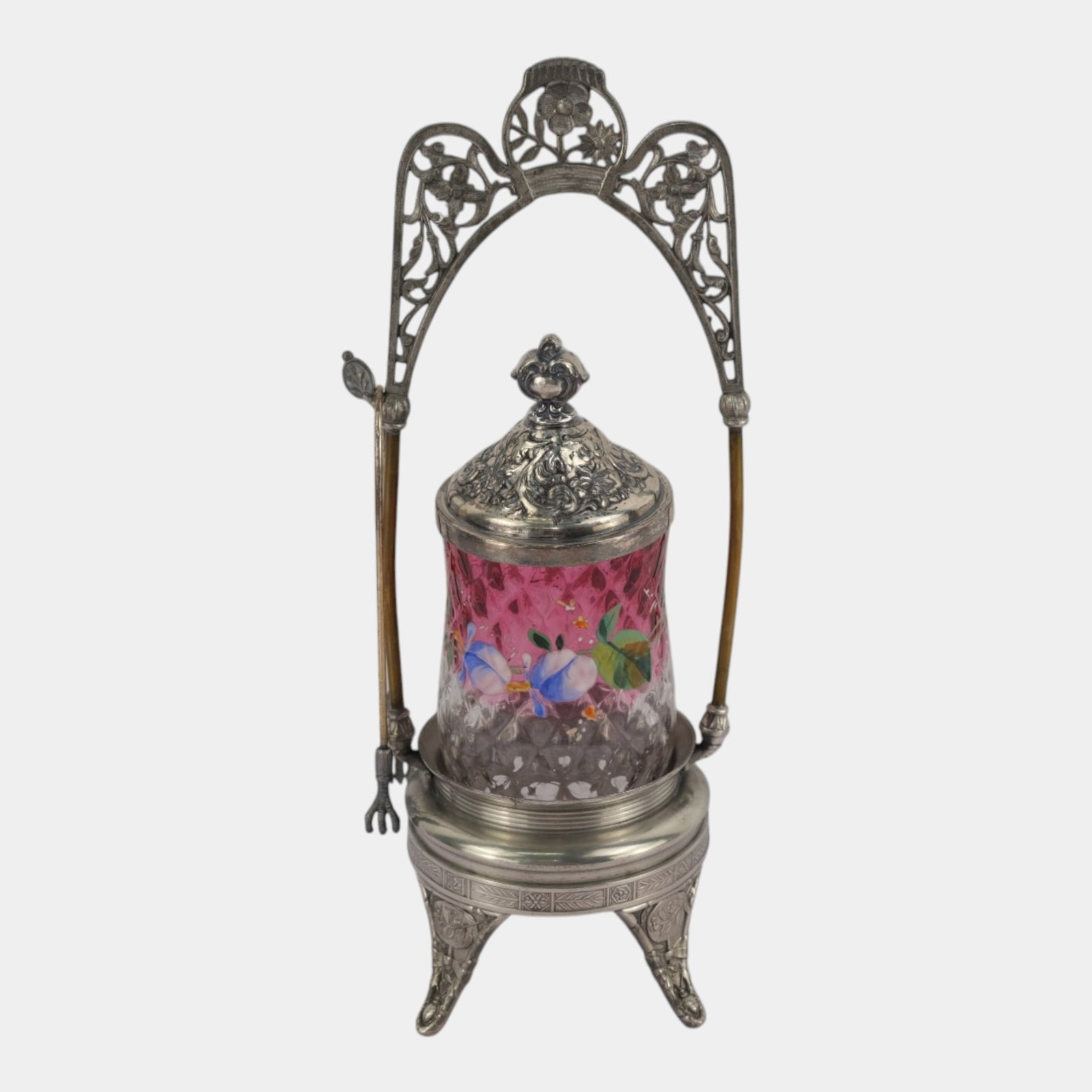 Victorian Silverplate Pickle Castor With Enameled Floral Decorated Cranberry Glass Insert & Tongs (1 of 5)