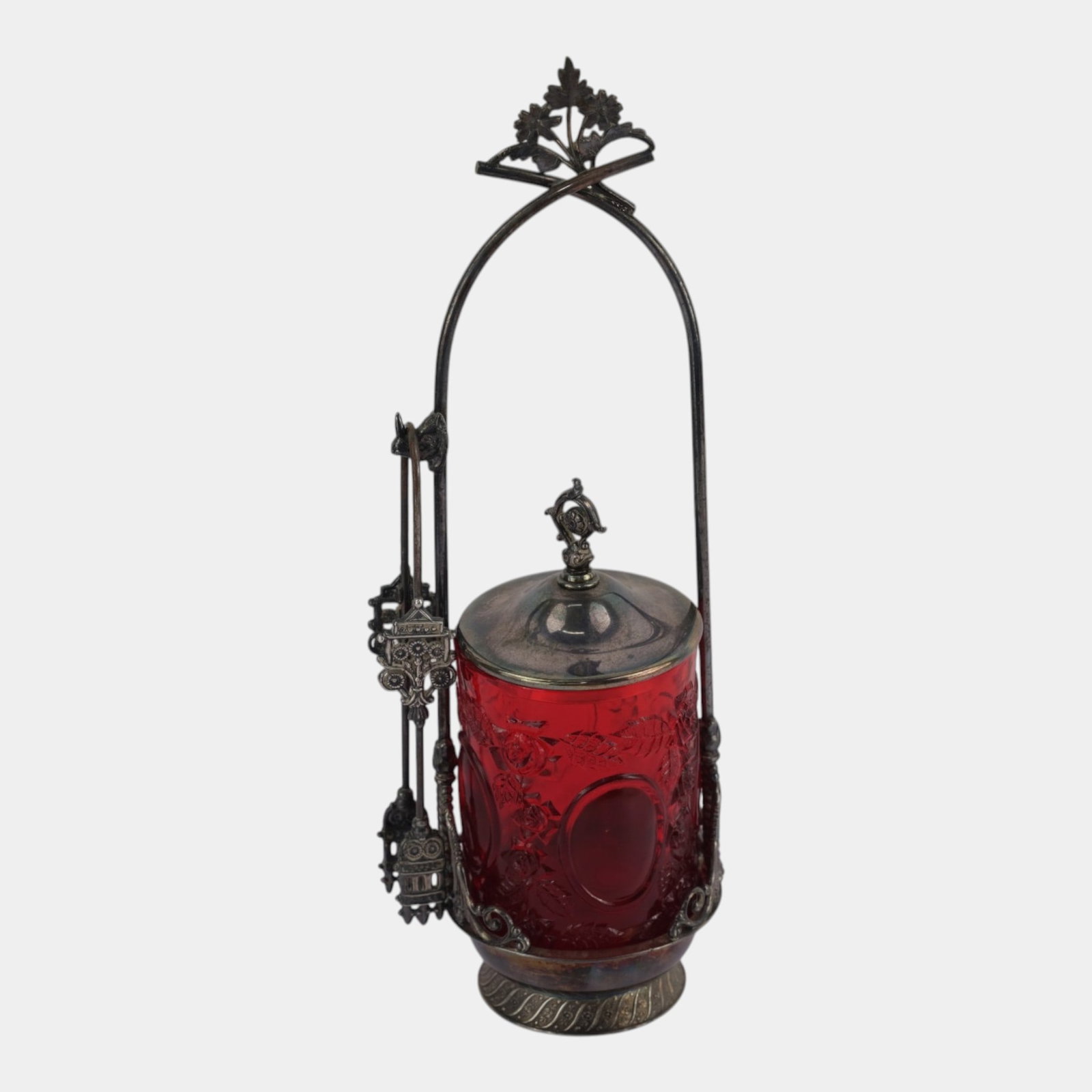 Victorian Silverplate Pickle Castor With Ruby Red Floral Decorated Glass Jar & Pickle Tongs (1 of 5)