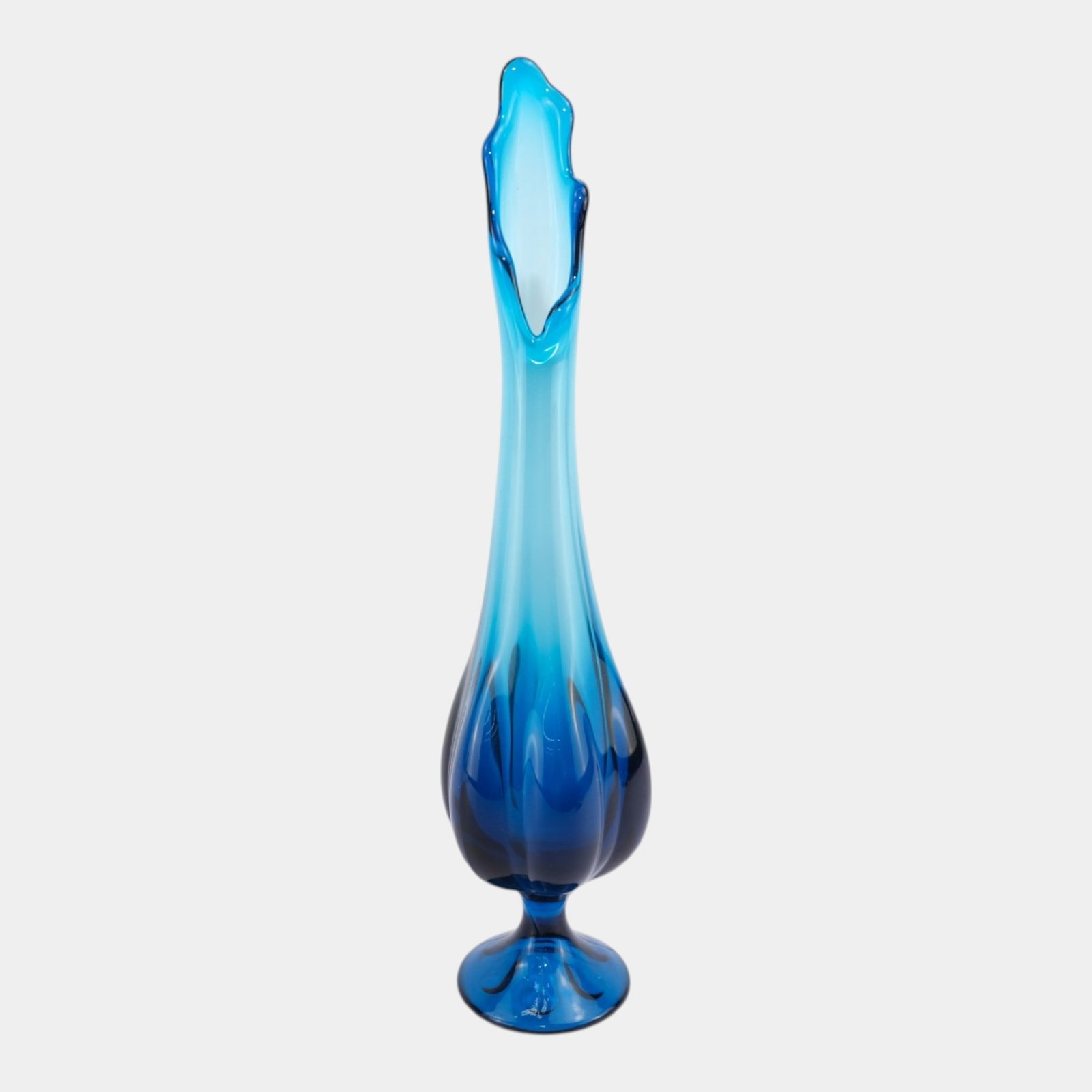 Viking Glass Co. Mid Century Modern Epic Blue Bluenique Lobed Body Footed Six Petal Swung Vase: Professional, fast, and affordable in house shipping available for all items. For higher resolution images please visit bid.craftedauctions.com Viking Glass Co. Mid Century Modern Epic Blue Bluenique 