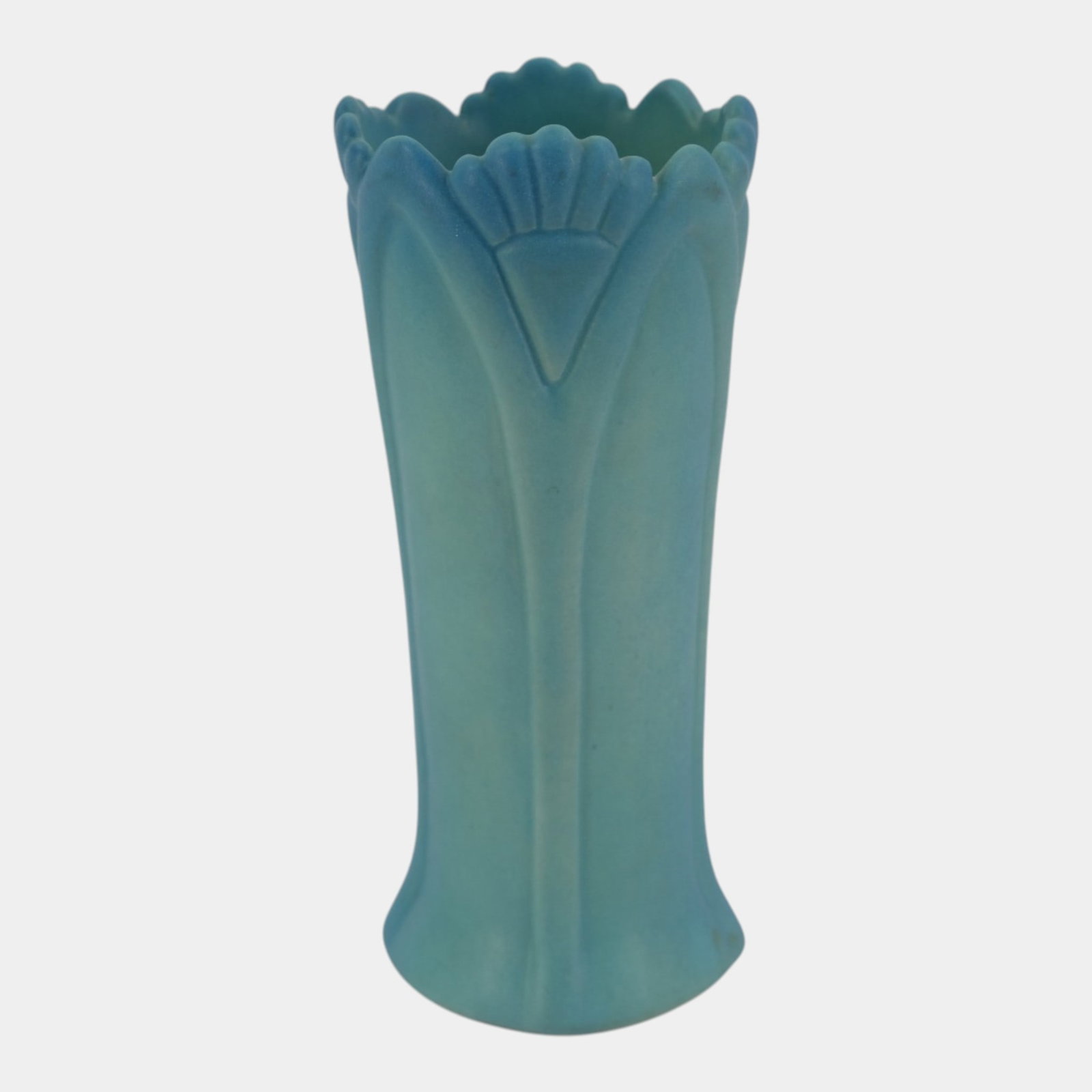 Van Briggle 1950s Ming Blue Art Pottery Scalloped Fan & Leaf Design Flared Cylinder Vase (1 of 6)
