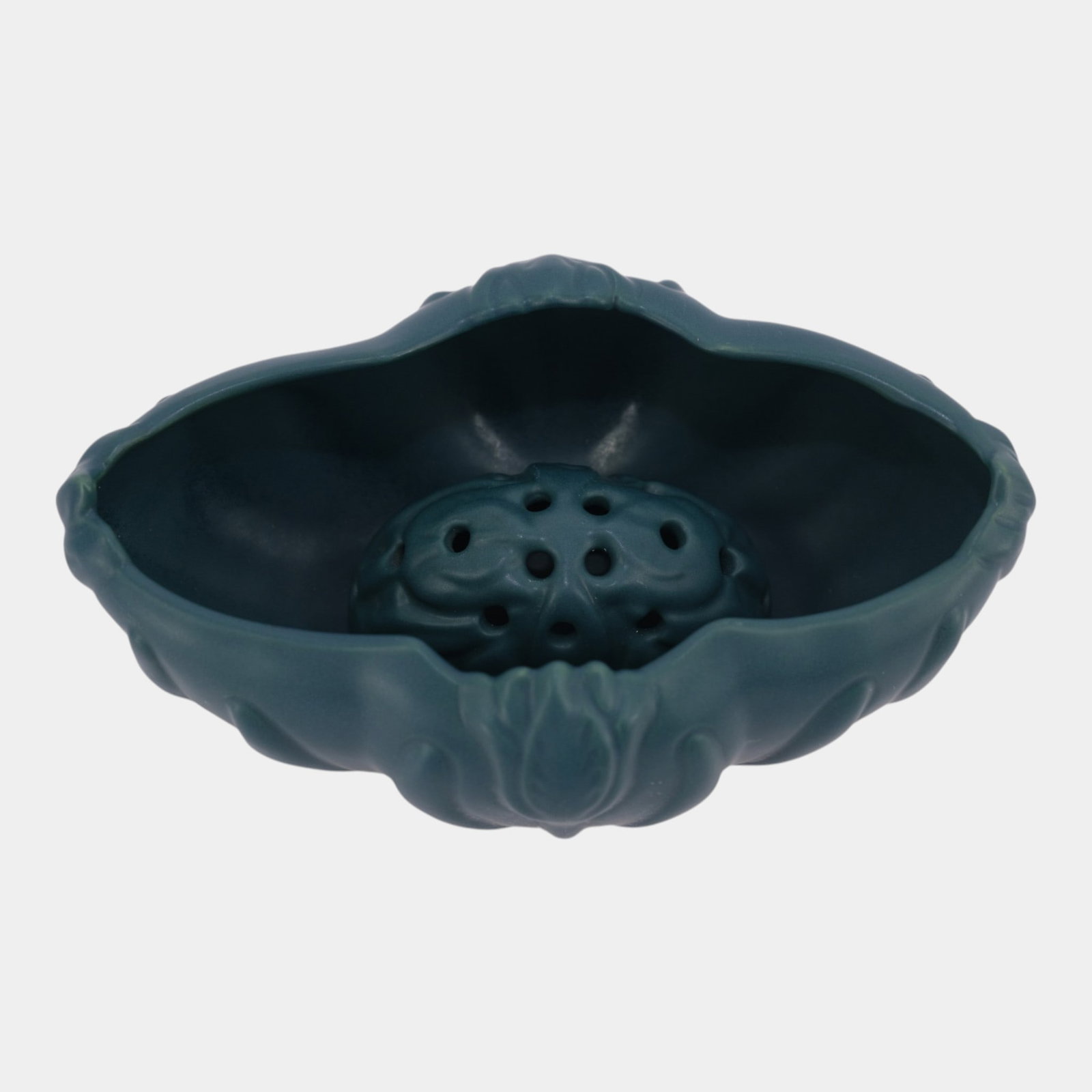 Van Briggle Vintage Dark Green Blue Art Pottery Tulip Bowl With Matching Flower Frog Insert: Professional, fast, and affordable in house shipping available for all items. For higher resolution images please visit bid.craftedauctions.com Van Briggle Vintage Dark Green Blue Art Pottery Tulip Bo