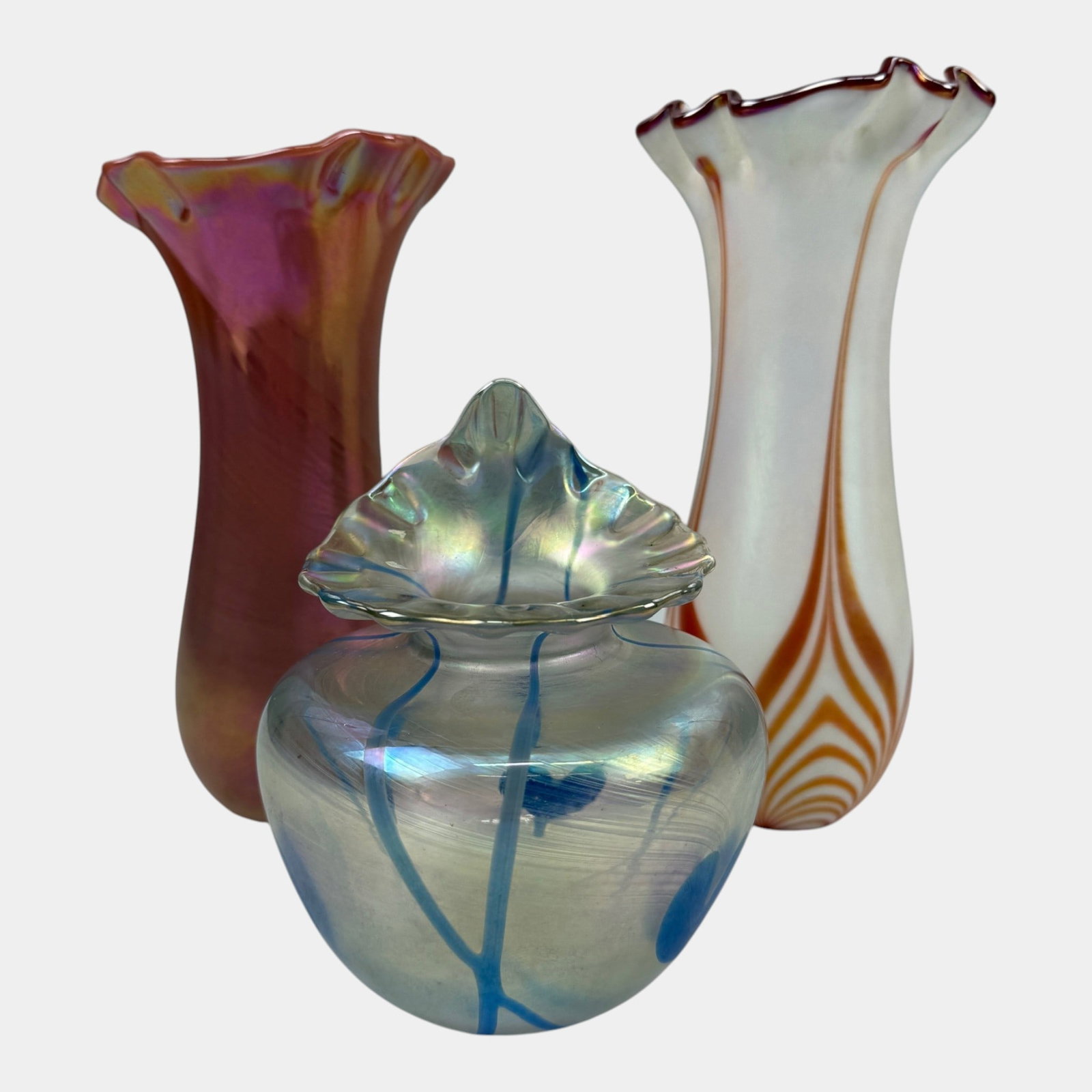 Terry Crider 1980s Ohio Studio Art Glass Peach Gold Pulled Feather And Heart Vine Jack In The Pulpit (1 of 7)