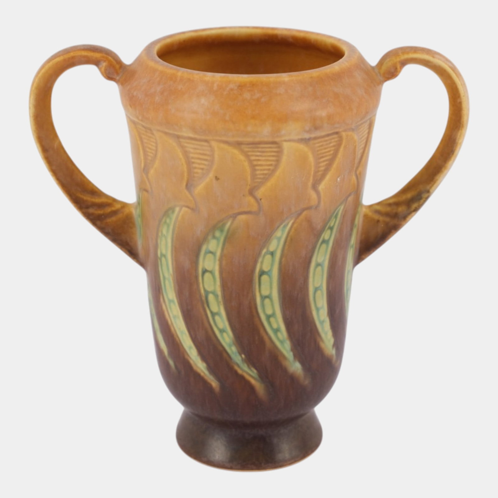 Roseville Falline Brown 1933 Vintage Art Pottery Ceramic Handled Vase 642-6: Professional, fast, and affordable in house shipping available for all items. For higher resolution images please visit bid.craftedauctions.com Roseville Falline Brown 1933 Vintage Art Pottery Ceramic