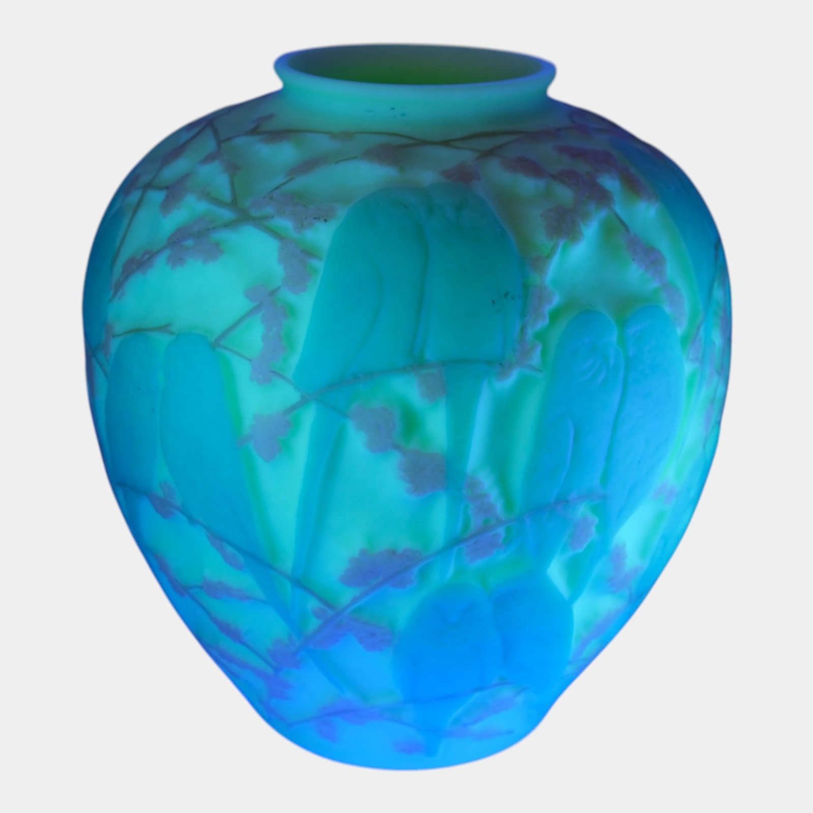 Consolidated Glass Co. 1930s Art Deco Green Uranium Custard Glass Lovebirds Vase: Professional, fast, and affordable in house shipping available for all items. For higher resolution images please visit bid.craftedauctions.com Consolidated Glass Co. 1930s Art Deco Green Uranium Cust