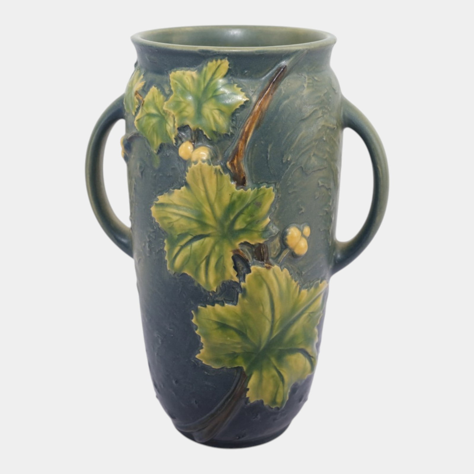 Roseville Experimental Arts & Crafts Art Pottery Double Handled Grape Vine Vase Large Form: Professional, fast, and affordable in house shipping available for all items. For higher resolution images please visit bid.craftedauctions.com Roseville Experimental Arts & Crafts Art Pottery Double 