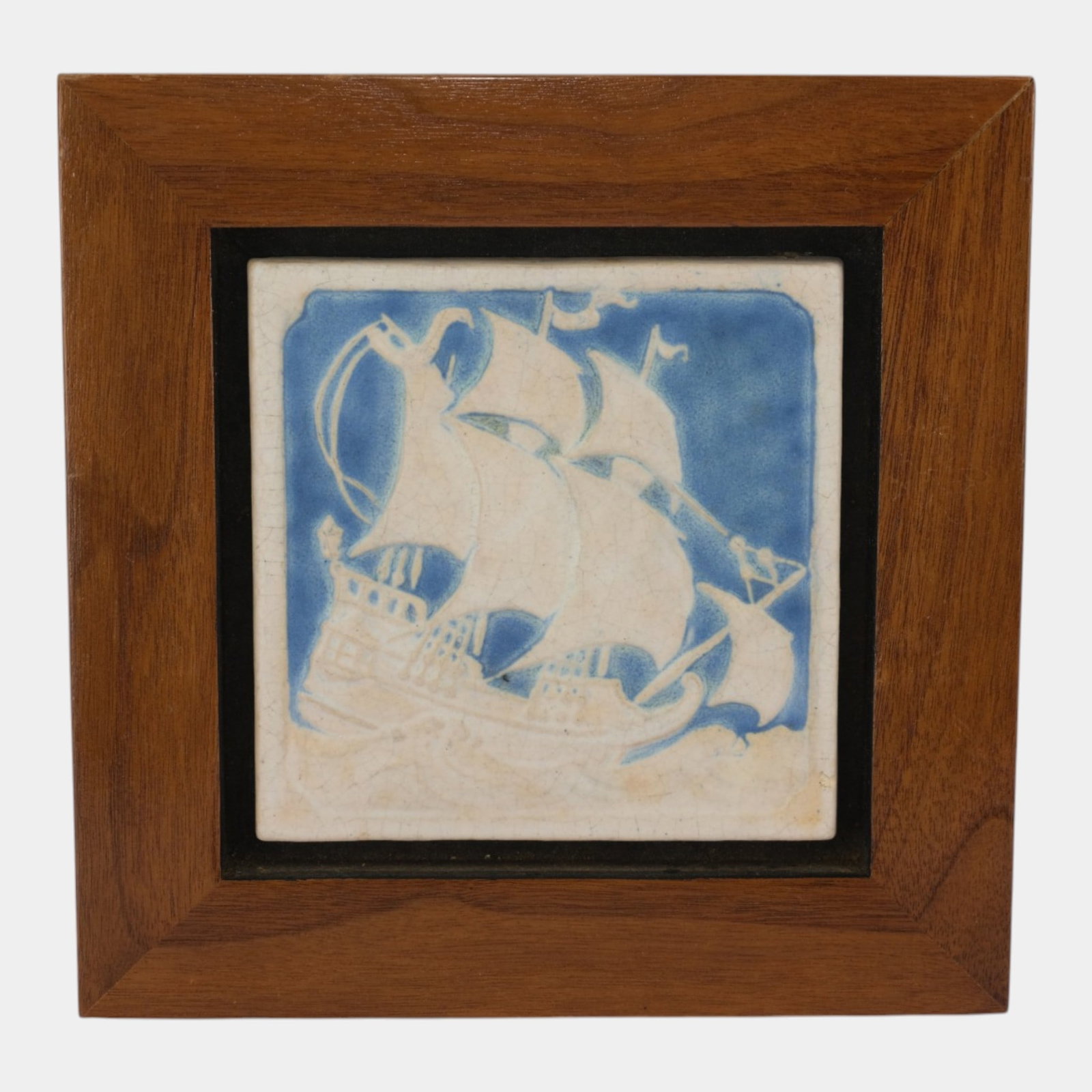 Marblehead Vintage Arts and Crafts Pottery Blue White Sailing Ship Framed Ceramic Tile: Professional, fast, and affordable in house shipping available for all items. For higher resolution images please visit bid.craftedauctions.com Marblehead Vintage Arts and Crafts Pottery Blue White Sa