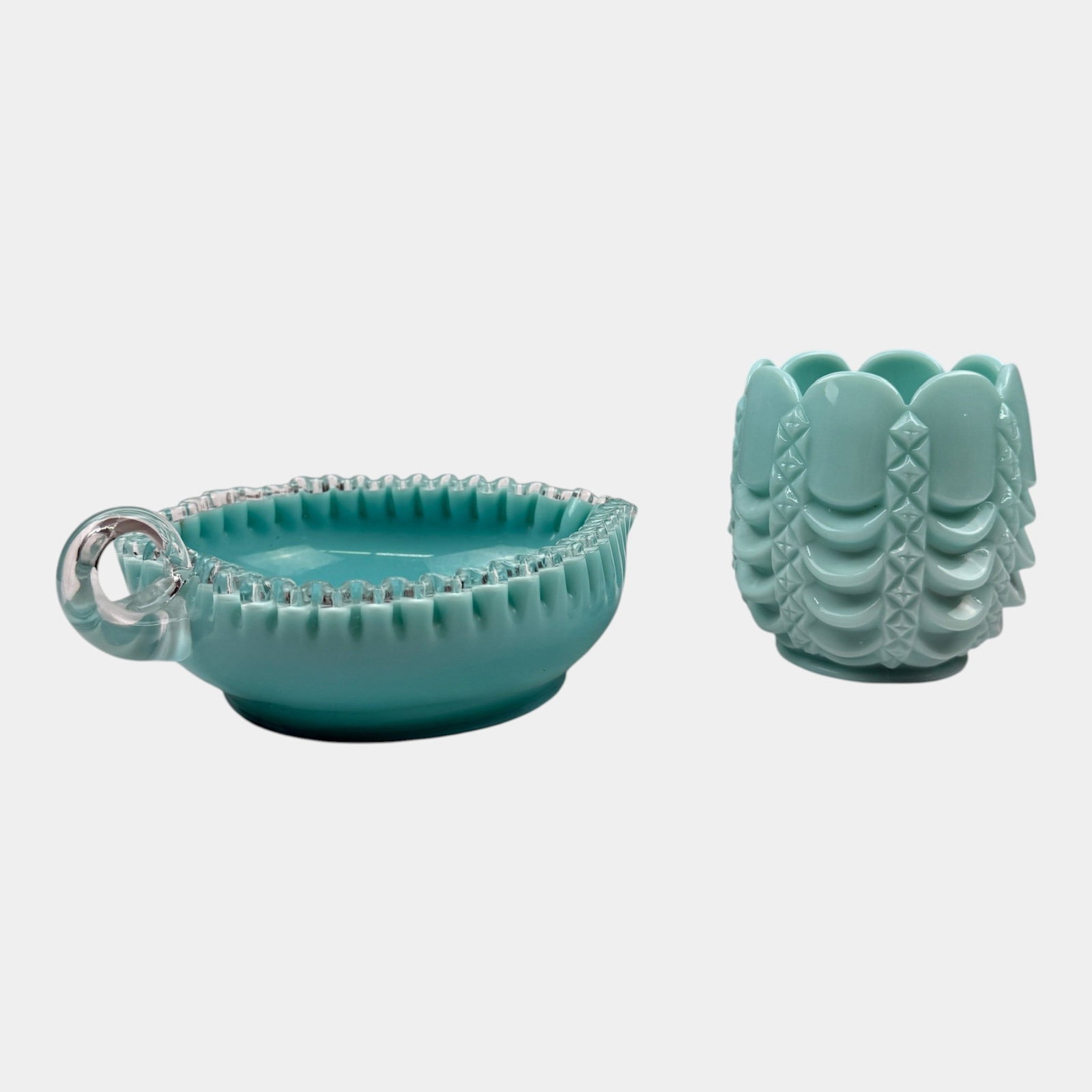 Fenton 1950s Turquoise "Silver-Crest" Hear Shaped Candy Dish & Fostoria Turquoise Diamond Swag Drape (1 of 3)