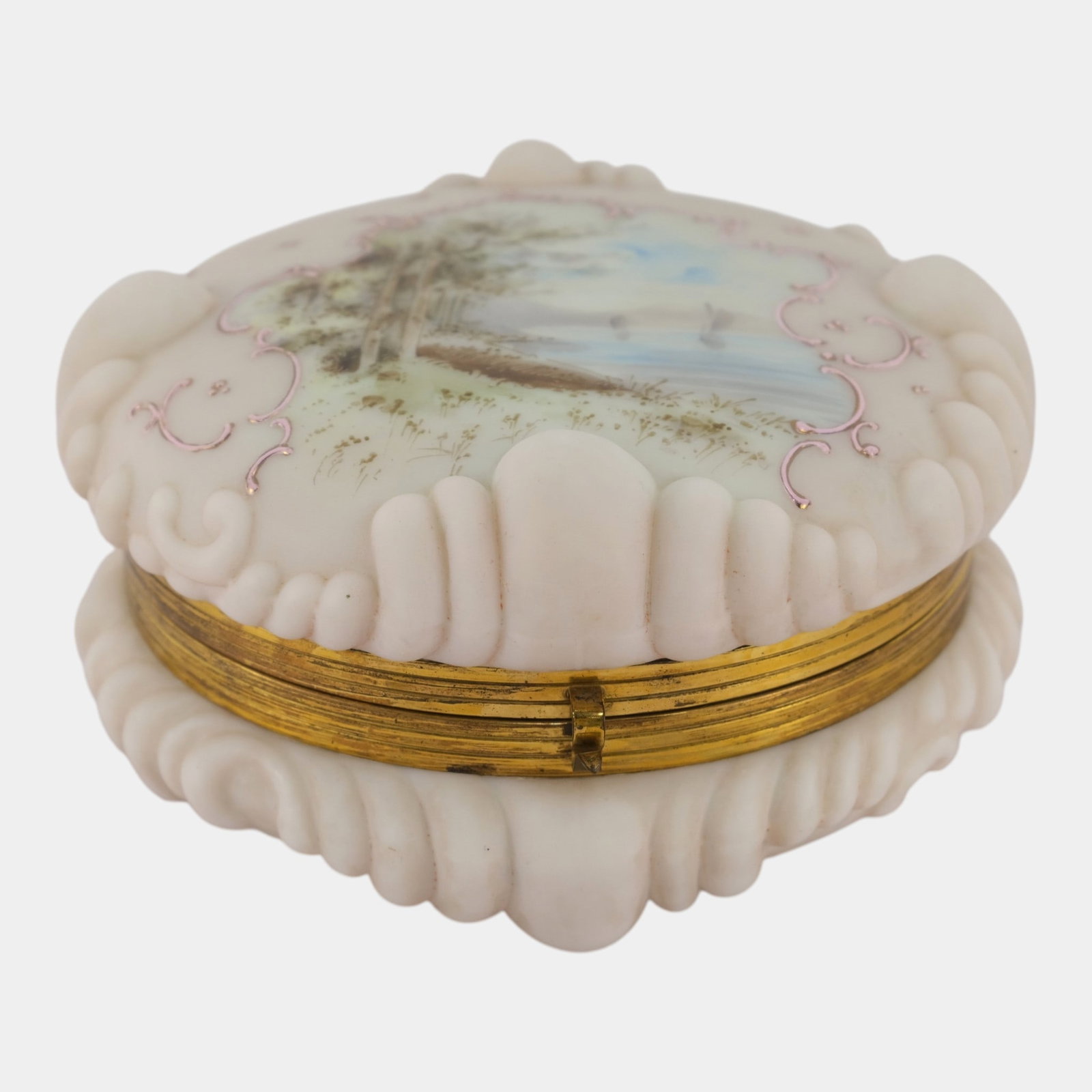 CF Monroe Wave Crest Hand Painted Victorian "Hemschmied Swirl" Opal Glass Dresser Box (1 of 7)