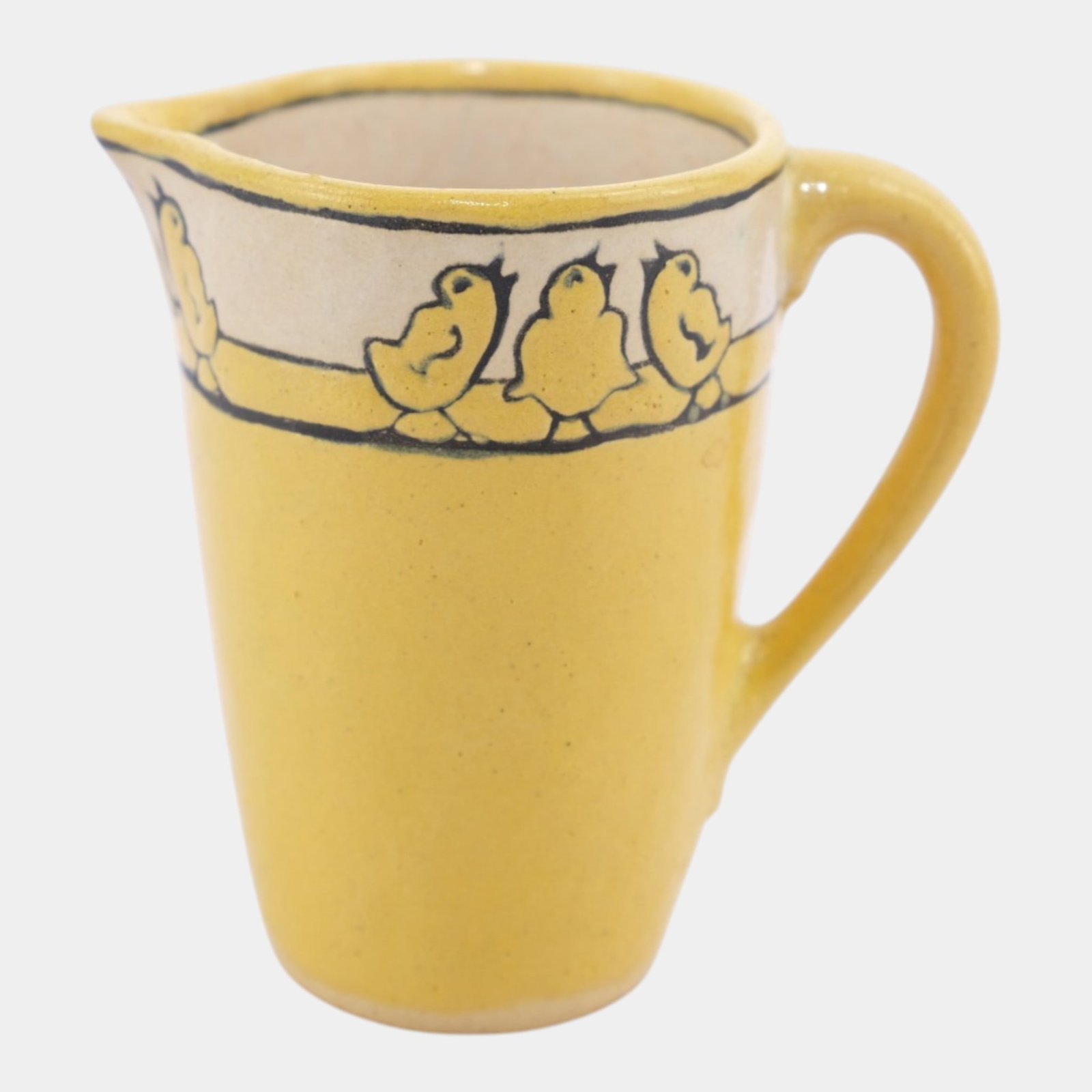 Saturday Evening Girls Arts & Crafts Yellow Baby Chicks Border Art Pottery Cream Pitcher: Professional, fast, and affordable in house shipping available for all items. For higher resolution images please visit bid.craftedauctions.com Saturday Evening Girls Arts & Crafts Yellow Baby Chicks 