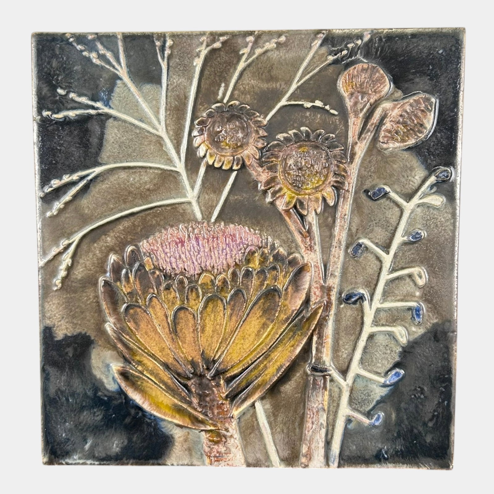 Karlsruhe Mid Century Modern Hand Glazed Floral Relief Ceramic 16" Art Tile Wall Plaque 7885: Professional, fast, and affordable in house shipping available for all items. For higher resolution images please visit bid.craftedauctions.com Karlsruhe Mid Century Modern Hand Glazed Floral Relief C