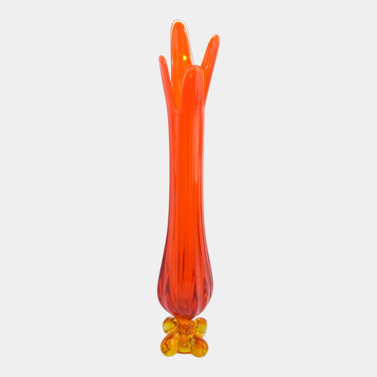 Viking Glass Co. Mid Century Modern Four Petal Flared Rim Bright Orange Four Foot Art Glass 21": Professional, fast, and affordable in house shipping available for all items. For higher resolution images please visit bid.craftedauctions.com Viking Glass Co. Mid Century Modern Four Petal Flared Ri