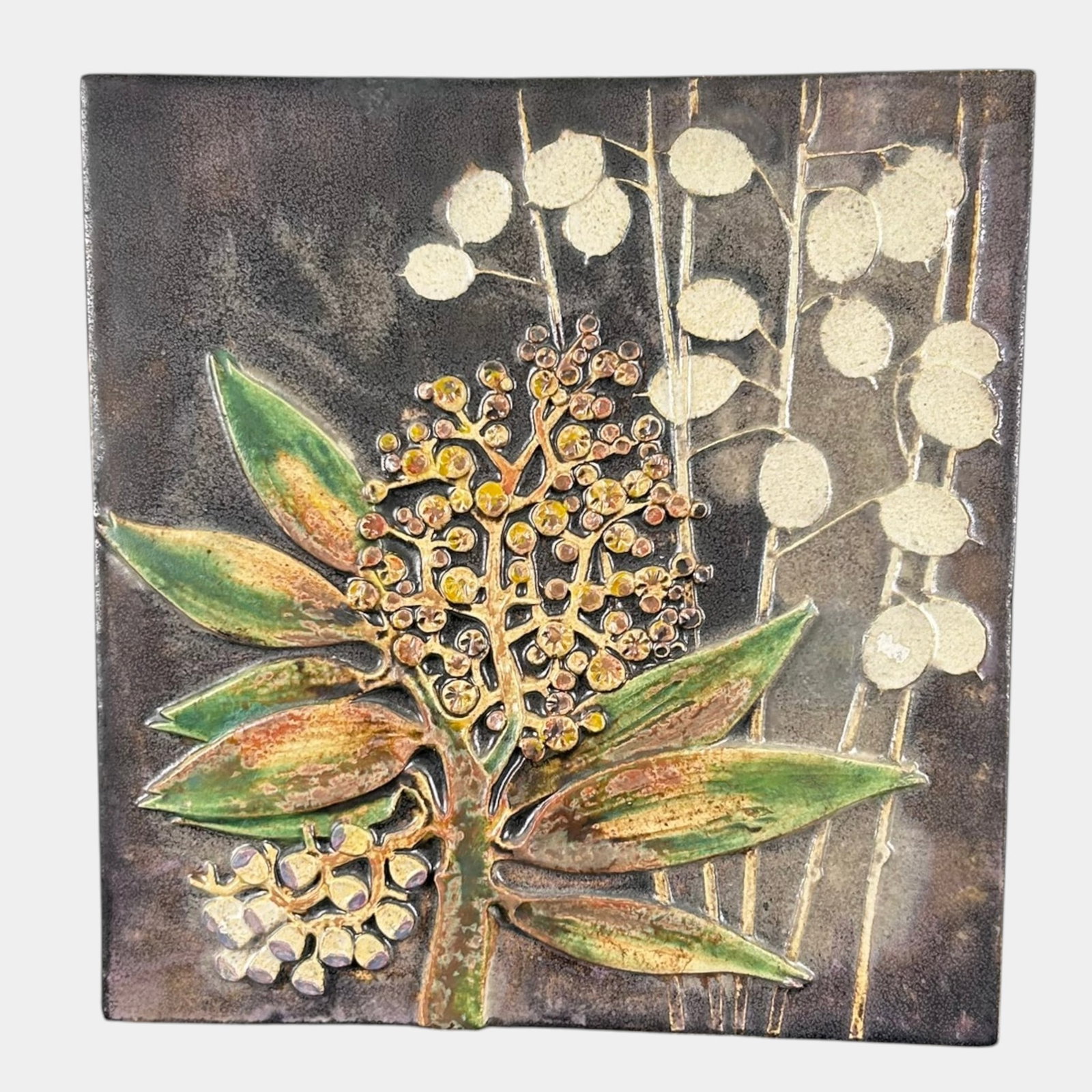 Karlsruhe Mid Century Modern Hand Glazed Floral Relief Ceramic 16" Art Tile Wall Plaque 9710: Professional, fast, and affordable in house shipping available for all items. For higher resolution images please visit bid.craftedauctions.com Karlsruhe Mid Century Modern Hand Glazed Floral Relief C
