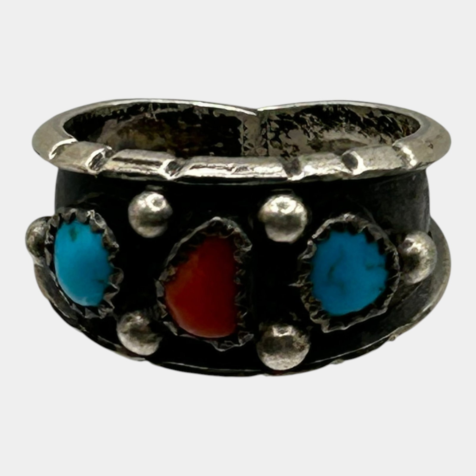 Rose Castillo Navajo Native American Sterling Silver, Coral, And Turquoise Stone Ring Size 9.75: Professional, fast, and affordable in house shipping available for all items. For higher resolution images please visit bid.craftedauctions.com Rose Castillo Navajo sterling silver ring featuring a ro