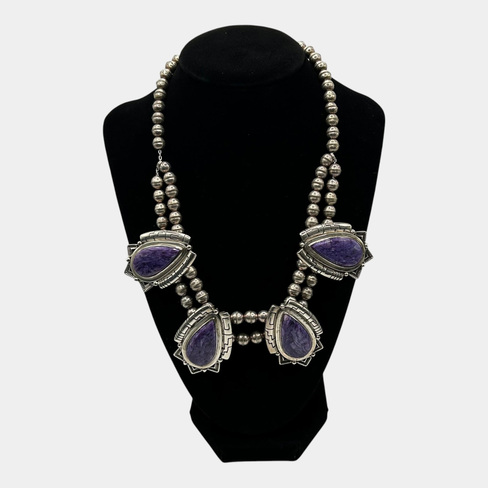 Oscar Alexius Navajo Native American Sterling Silver Purple Agate Cabochon Beaded Necklace: Professional, fast, and affordable in house shipping available for all items. For higher resolution images please visit bid.craftedauctions.com Boldly handcrafted, this Oscar Alexius Navajo sterling s