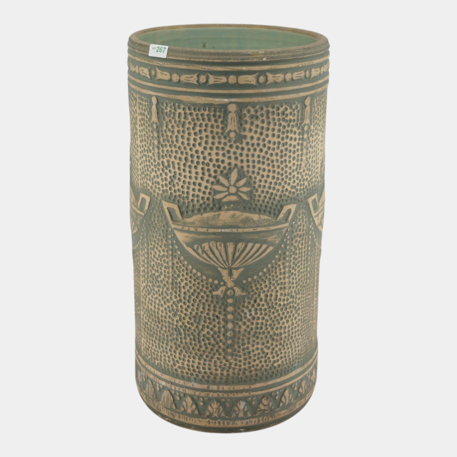 Robinson Ransbottom Vintage Ohio Pottery Tan Green Arts And Crafts Umbrella Stand: Professional, fast, and affordable in house shipping available for all items. For higher resolution images please visit bid.craftedauctions.com Robinson Ransbottom Vintage Ohio Pottery Tan Green Arts 