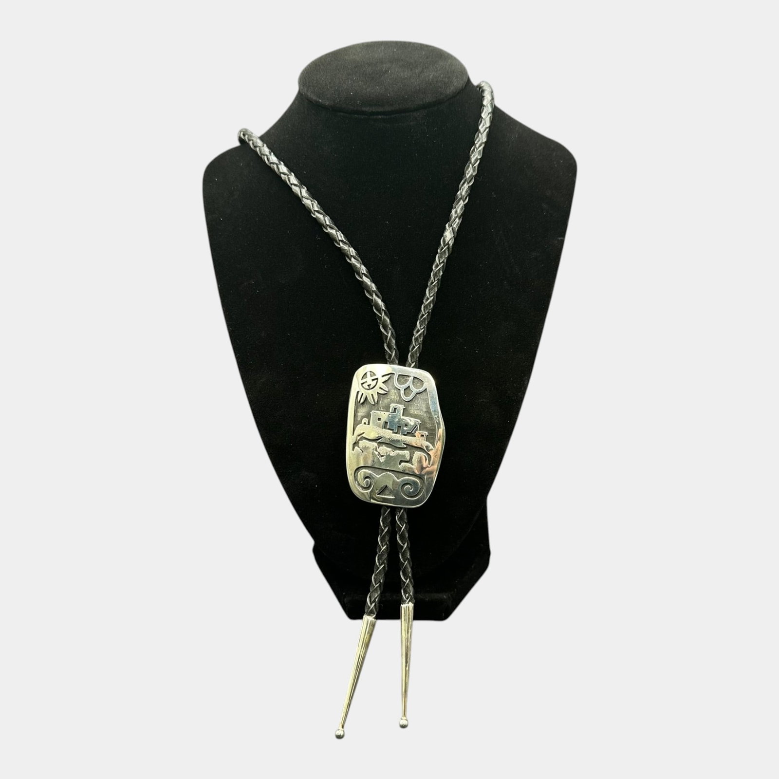 Hopi Native American Sterling Silver Engraved Scenic Village & Symbols Bolo Tie Slide Pendant: Professional, fast, and affordable in house shipping available for all items. For higher resolution images please visit bid.craftedauctions.com Finely crafted, this Hopi sterling silver overlay bolo t