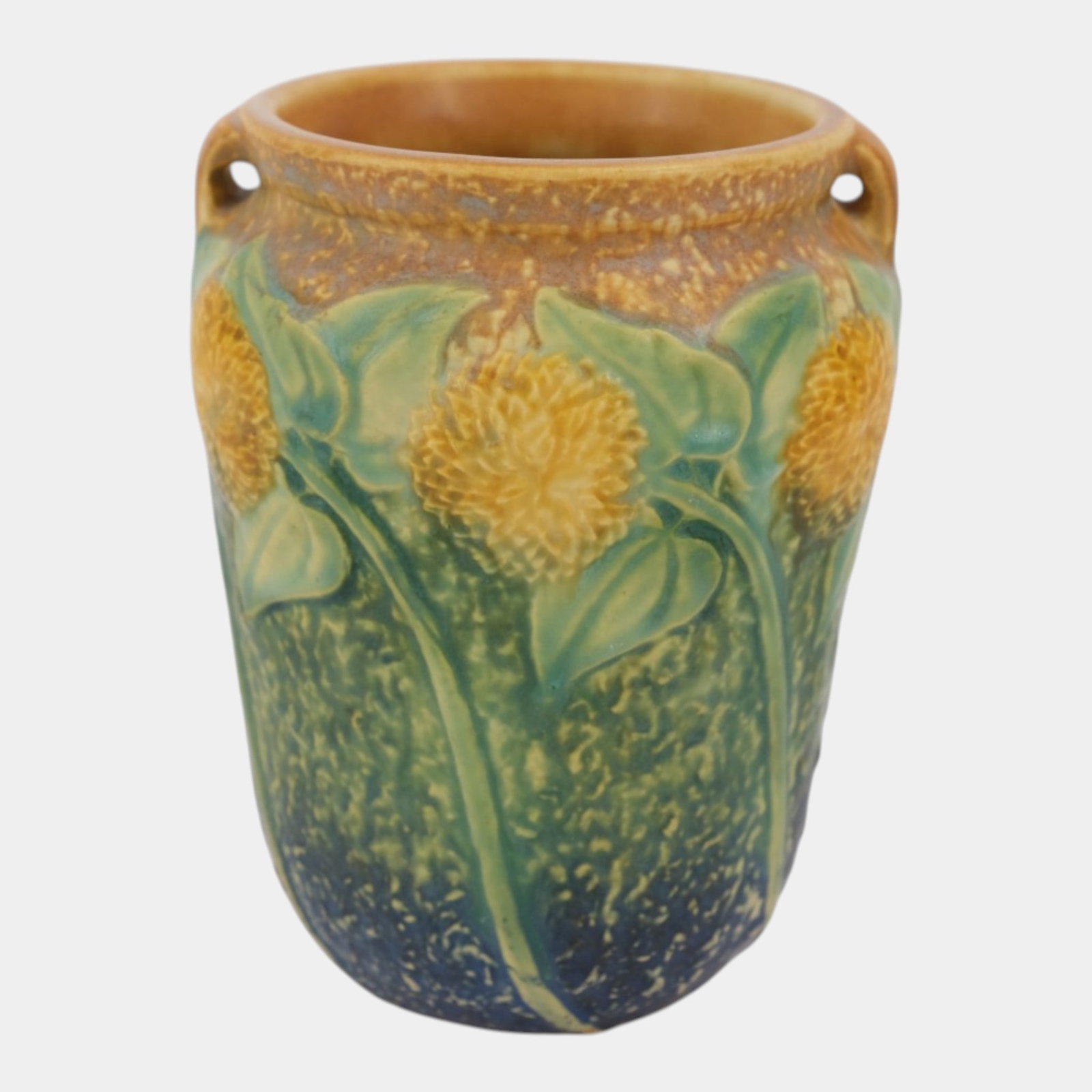 Roseville Sunflower 1930 Vintage Arts And Crafts Pottery Handled Ceramic Vase: Professional, fast, and affordable in house shipping available for all items. For higher resolution images please visit bid.craftedauctions.com Roseville Sunflower 1930 Vintage Arts And Crafts Pottery