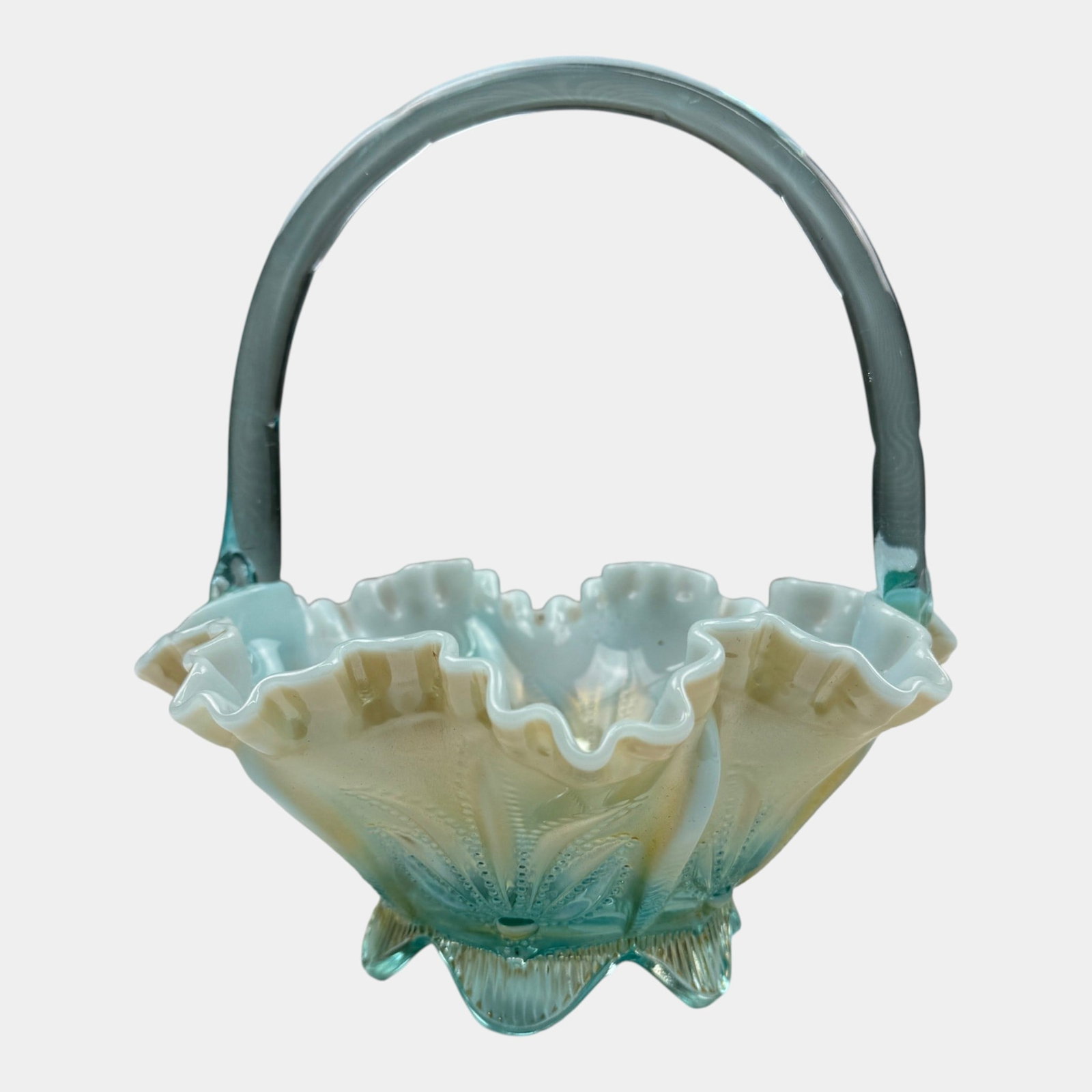Fenton Art Glass 1970s Aqua Opalescent "Cactus" Pattern Ruffled Rim Footed Basket (1 of 4)
