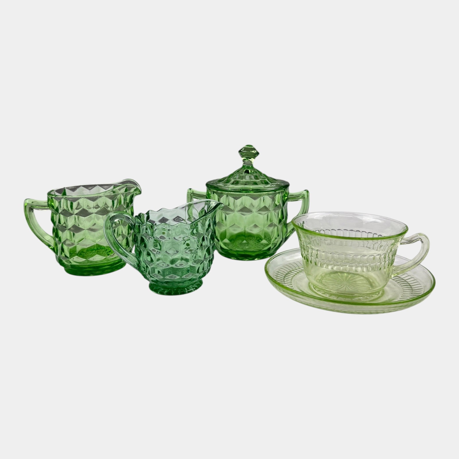 Fostoria "American" Creamers & Sugar Bowl With Anchor Hocking "Roulette" Cup & Saucer Uranium Green (1 of 10)
