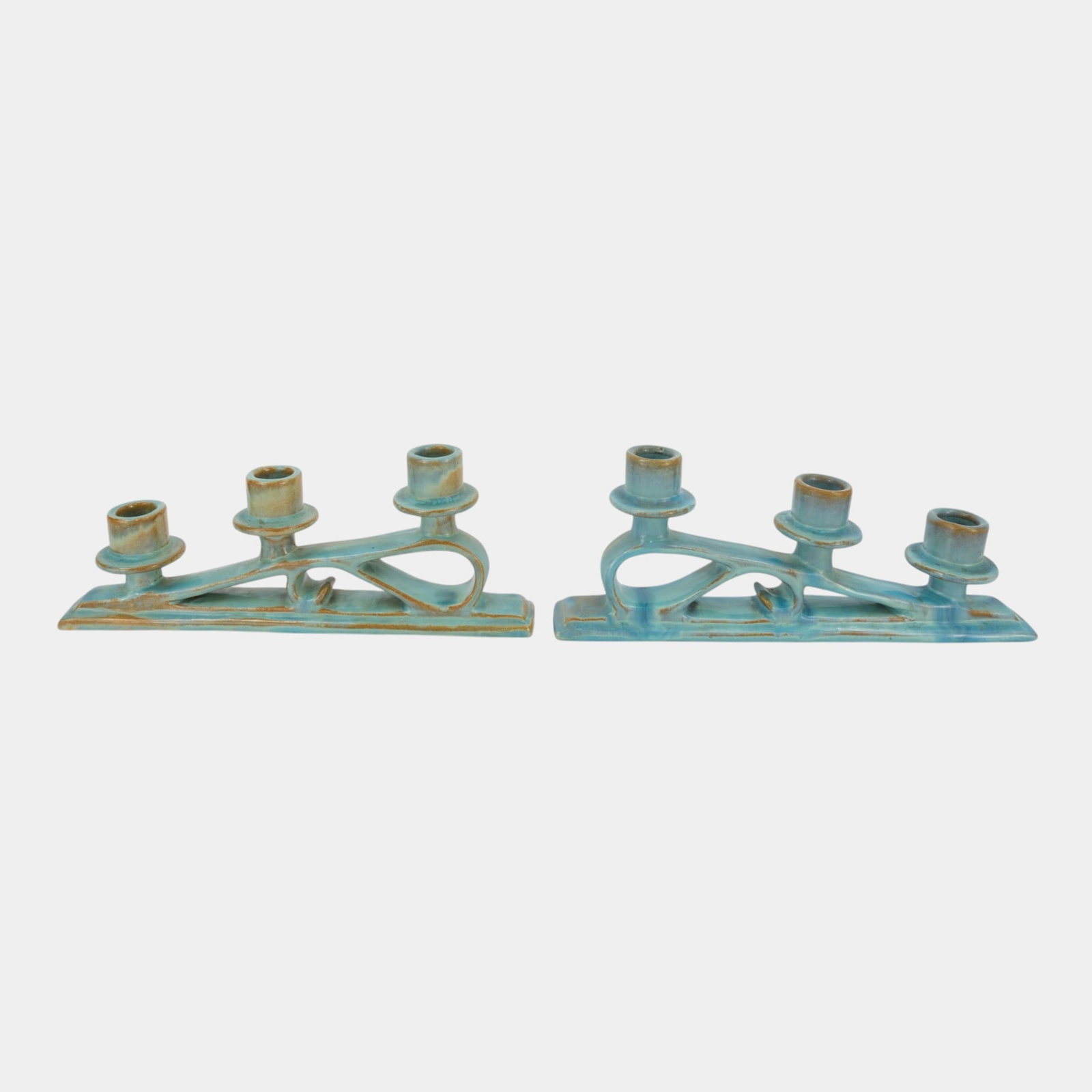 Catalina Island Pottery 1930s Blue & Green Art Deco Three Tiered Ceramic Candle Holders: Professional, fast, and affordable in house shipping available for all items. For higher resolution images please visit bid.craftedauctions.com Catalina Island Pottery 1930s Blue & Green Art Deco Thre