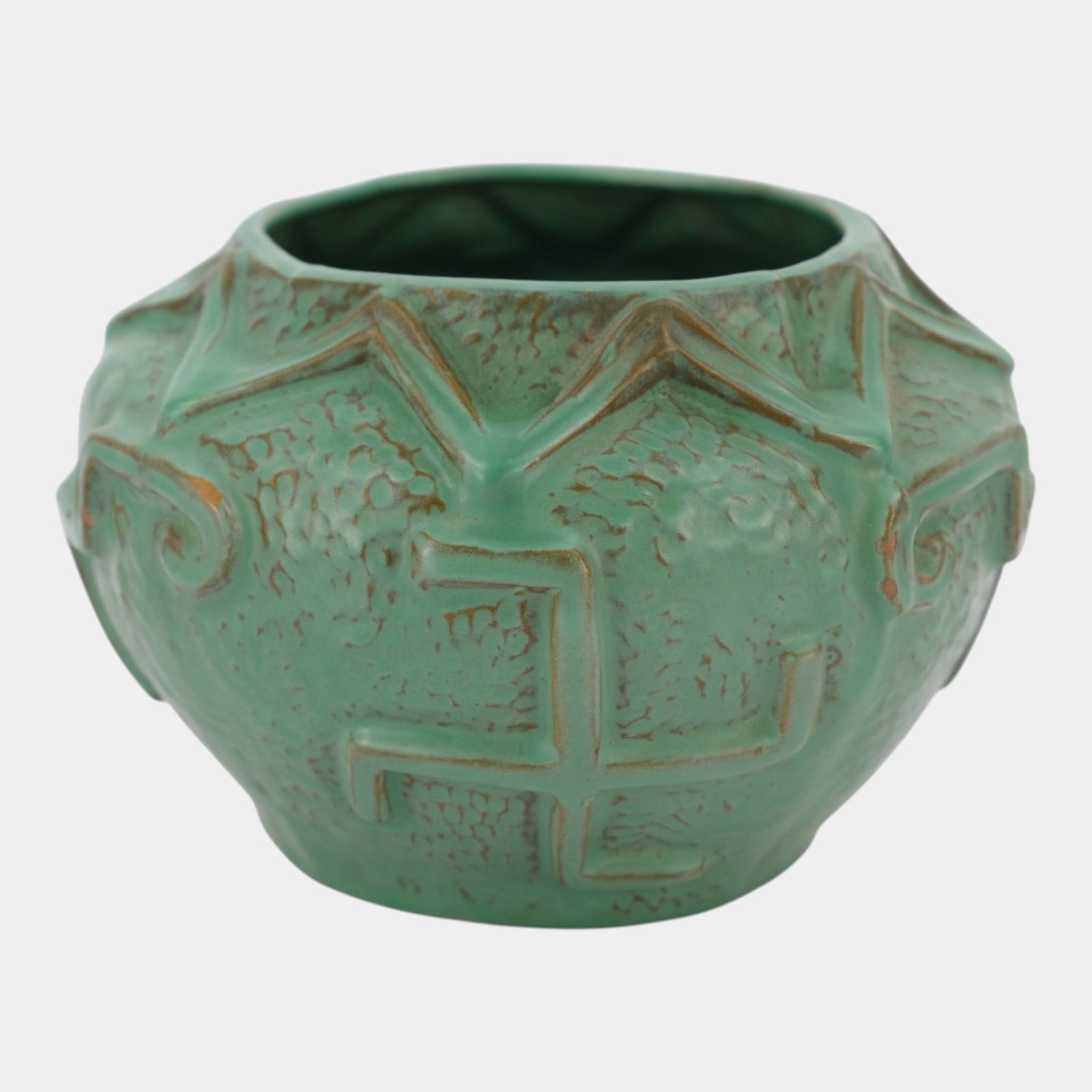 Catalina Island California Matte Green Native American Design Art Pottery Bulbous Vase: Professional, fast, and affordable in house shipping available for all items. For higher resolution images please visit bid.craftedauctions.com Catalina Island California Matte Green Native American D