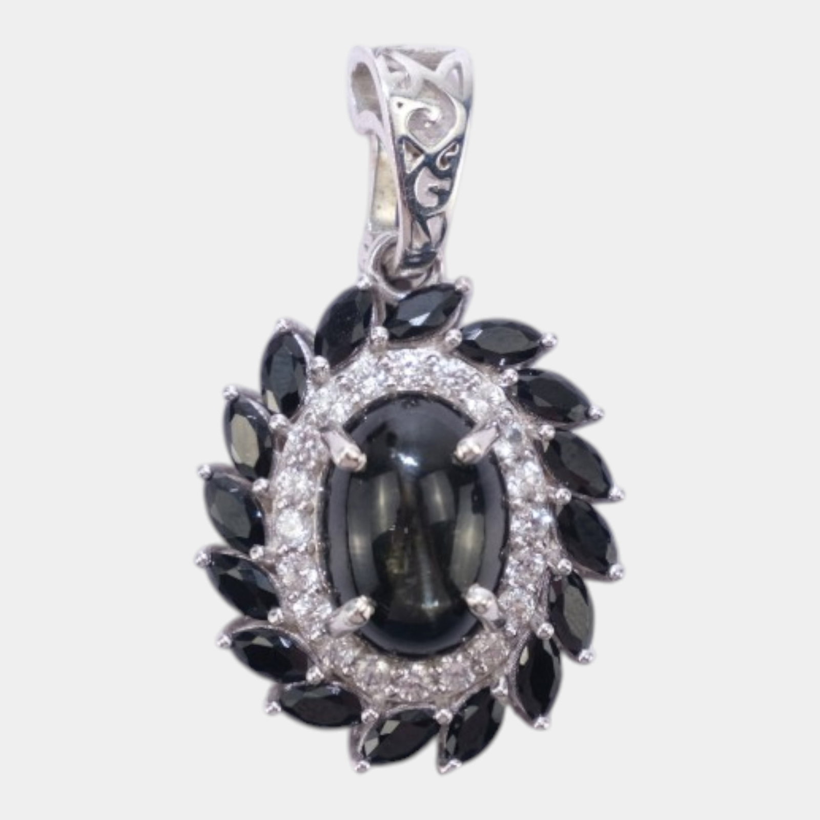 Djoy Artisan Created Sterling Silver Art Deco Inspired Black Stone & Lab Created Diamond Slide: Professional, fast, and affordable in house shipping available for all items. For higher resolution images please visit bid.craftedauctions.com Elegantly dramatic and richly detailed, this sterling si