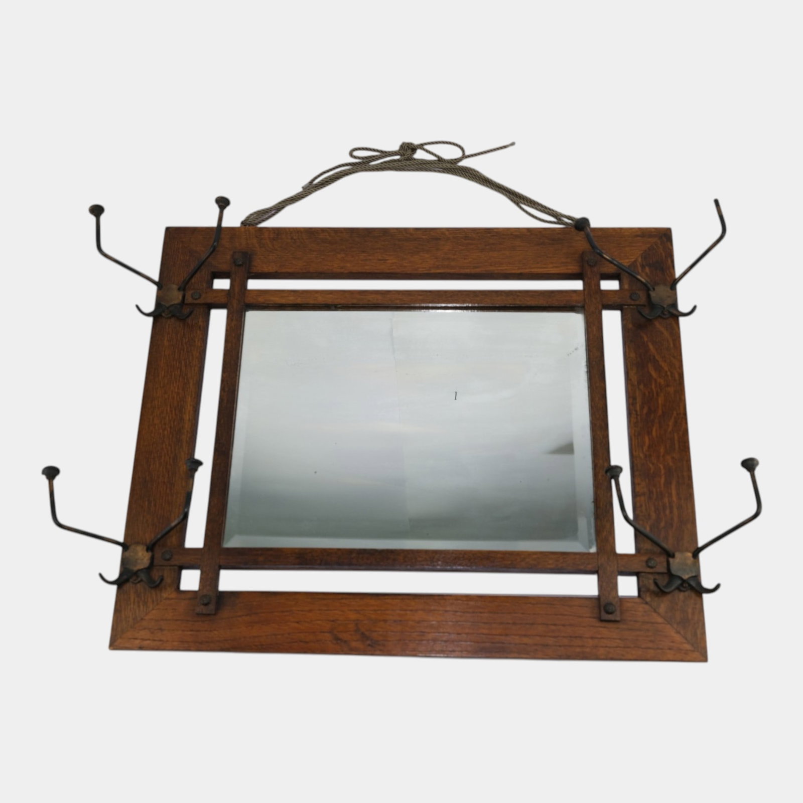 Arts And Crafts Mission Oak Wall Mirror With Hat Coat Rack Hooks And Original Hardware (1 of 3)