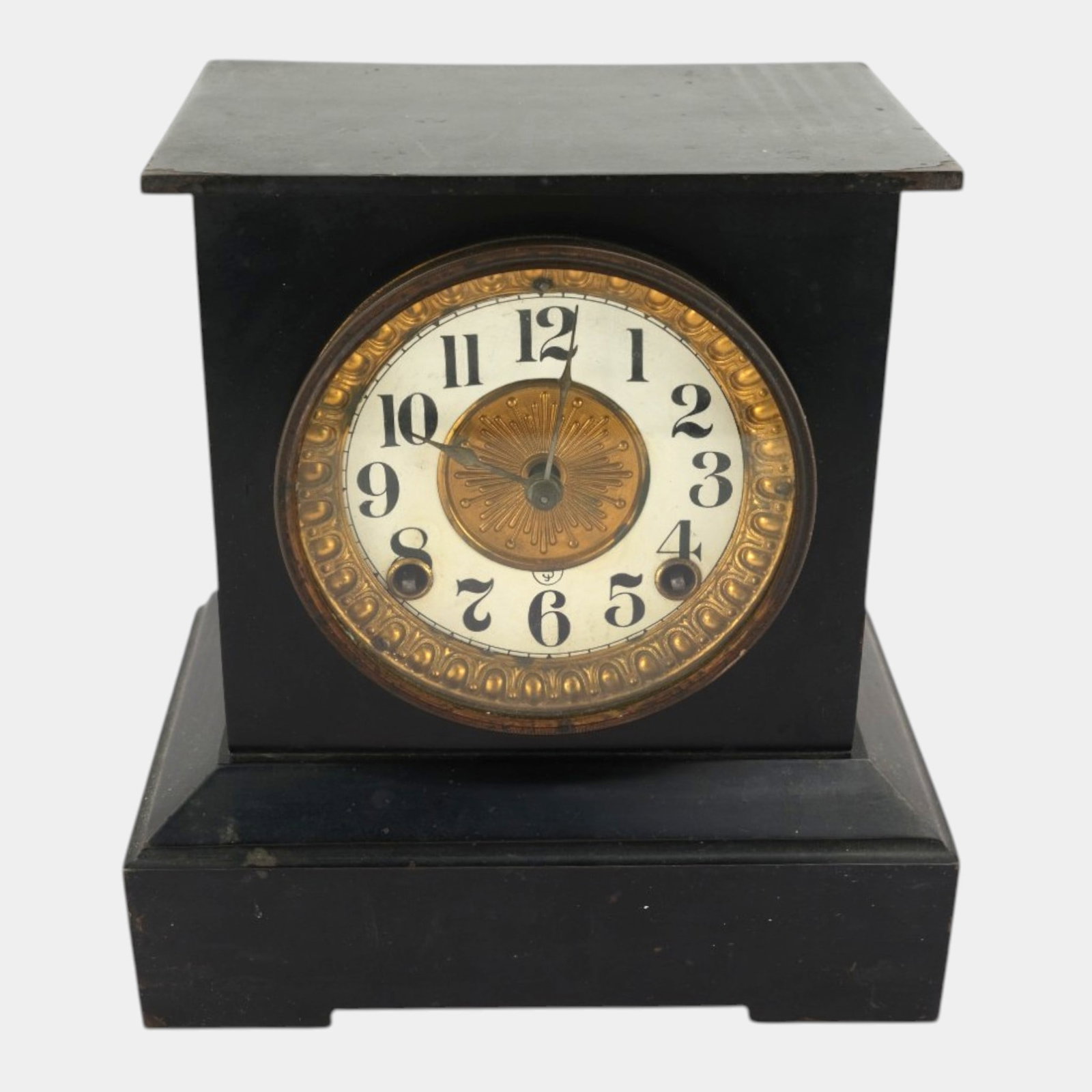 Ansonia Clock Co. Late 19th Century Victorian Black Cast Iron Case Mantle Clock With Brass Dial: Professional, fast, and affordable in house shipping available for all items. For higher resolution images please visit bid.craftedauctions.com Ansonia Clock Co. Late 19th Century Victorian Black Cast