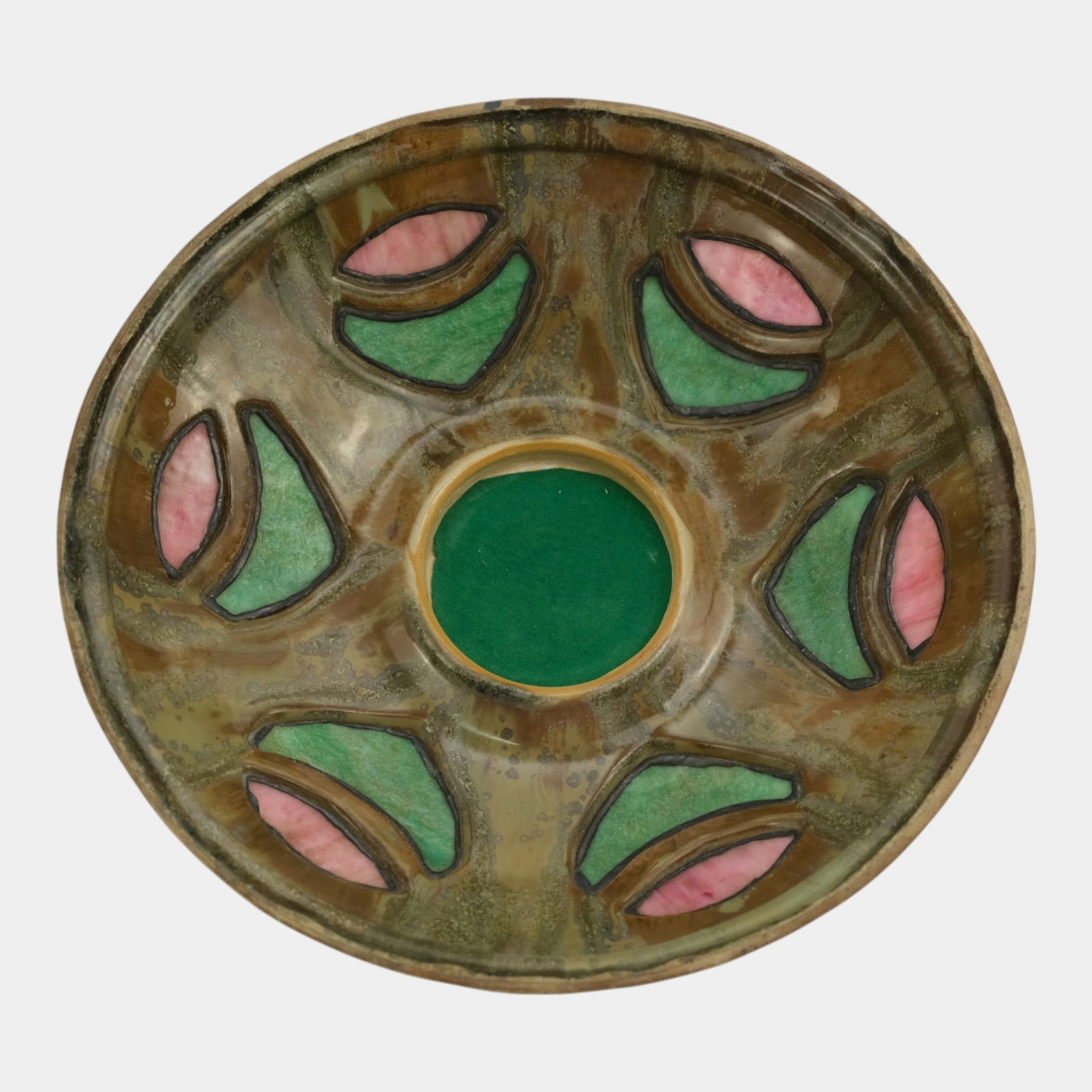 Fulper 1909-1917 Arts And Crafts Pottery Brown Crystalline Glaze Lamp & Green Pink Stained Glass - 14