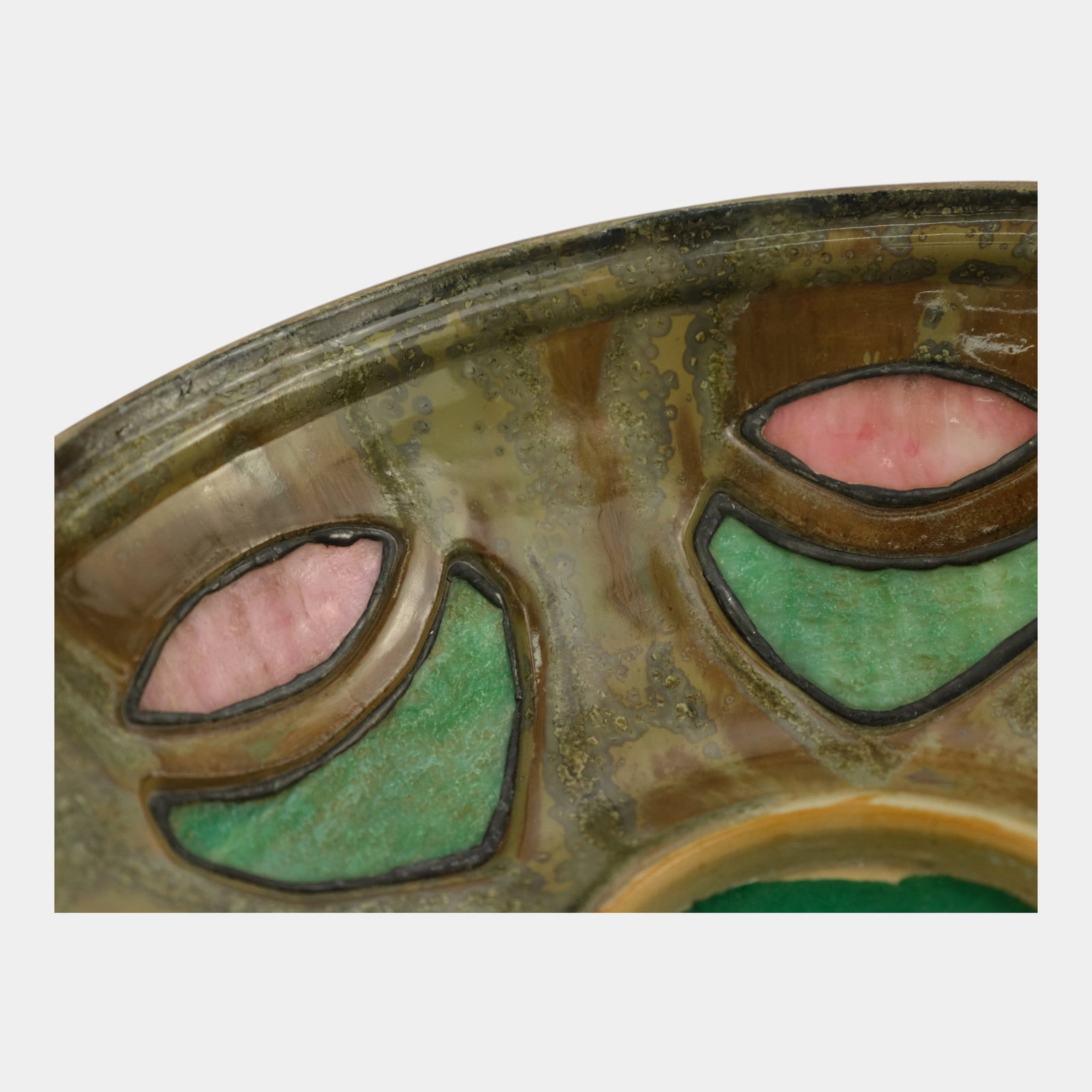 Fulper 1909-1917 Arts And Crafts Pottery Brown Crystalline Glaze Lamp & Green Pink Stained Glass - 15