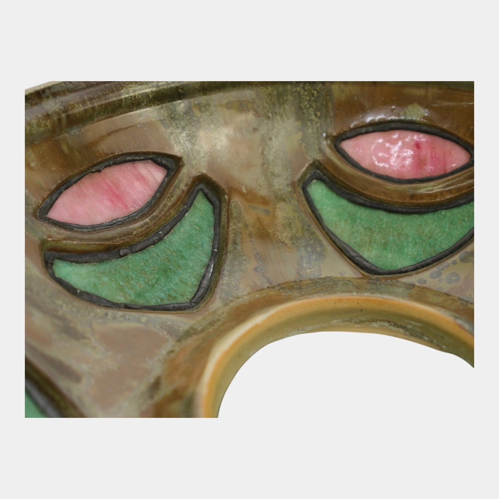 Fulper 1909-1917 Arts And Crafts Pottery Brown Crystalline Glaze Lamp & Green Pink Stained Glass - 16