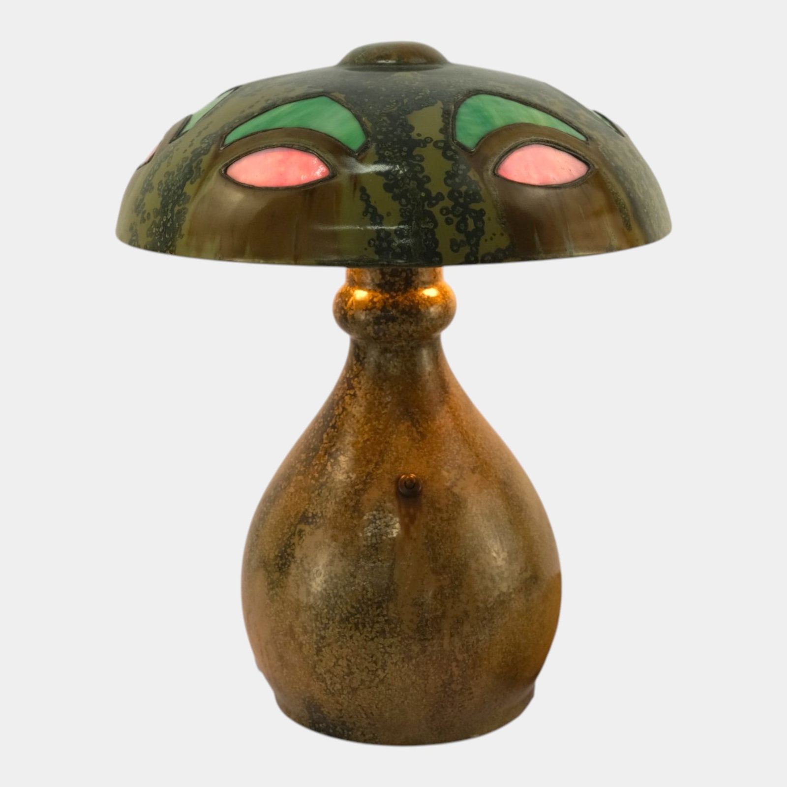 Fulper 1909-1917 Arts And Crafts Pottery Brown Crystalline Glaze Lamp & Green Pink Stained Glass - 2